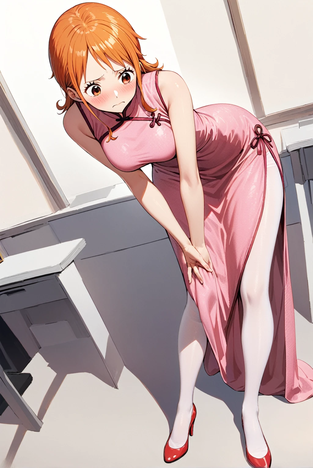 Nami, Nami One Piece, 1girl, solo, shy expression, blushing, pink cheongsam, white pantyhose, high heels, red soles, looking up from a low angle, the character leans forward, eyes looking down, which increases the dynamics of the picture, girl body Lean forward, right hand in front, left leg slightly bent, right leg straight, highlighting the lines of the legs and details of the high heels, leaning forward, low angle shot, top view, perspective on the heel, office environment, white background, high resolution  high resolution, high detail, high brightness, complex shadows, textured texture, smooth transitions