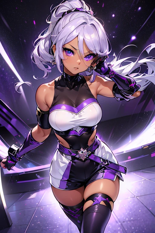 Produce an anime-style image, The girl, skin black, , ha ((purples eyes)) enchanting. {darkskin} hair as white as snow, The girl de corpo inteiro, Possession of a goddess, an ancient goddess, Galaxy Eyes,  ((one caracter))), Woman, (((darkskin)))), white hair in a ponytail, Purple eyes with a galaxy, Round glasses with slightly dark lenses, being these orange lenses, and light blue frame, (((Black metallic gauntlets and greaves with purple and silver highlights)), (((The clothes have a mix of modern and tribal)))), Sendo predominanhaente preta, but with purple parts, shoulders exposed, on the hips, shorts that extend to mid-thigh in black.
