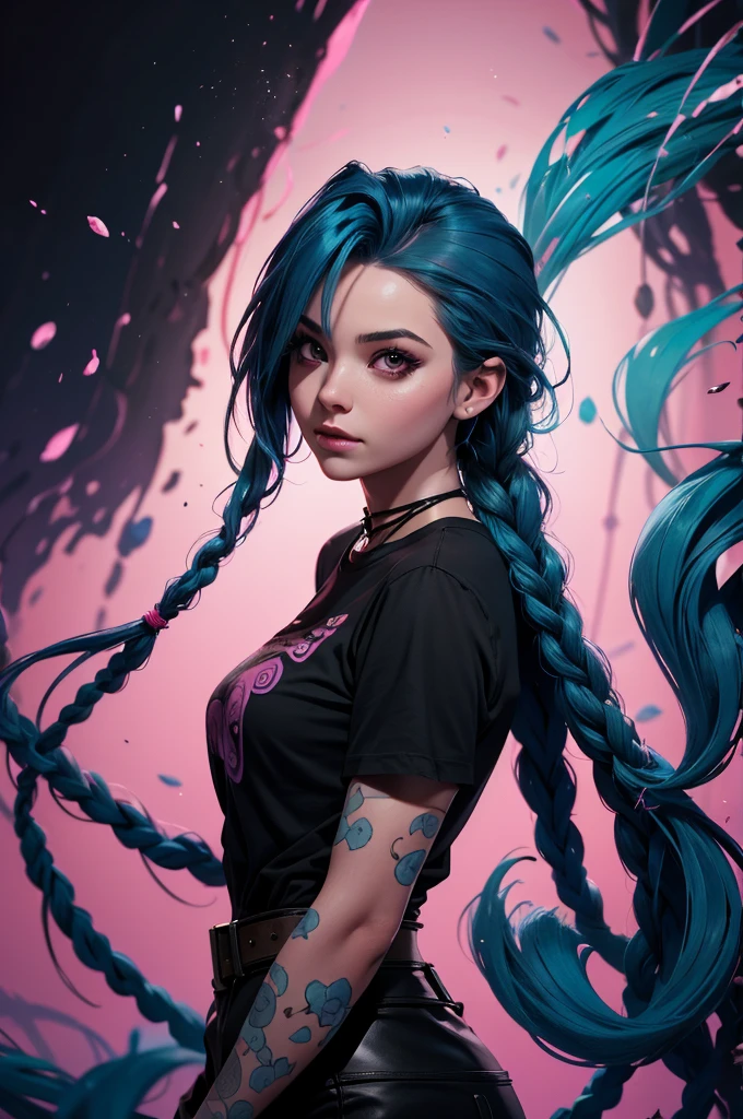 a woman with blue hair and a black shirt is standing in front of a pink background, lois van baarle and rossdraws, portrait of jinx from arcane, artgerm and lois van baarle, rossdraws 2. 0, rossdraws 1. 0, rossdraws 2. 5, artgerm and rossdraws, artgerm comic, 8K image quality, Masterpiece black background with pink brush splash, 8K image quality, Masterpiece