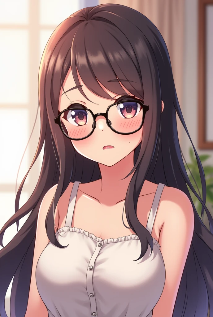 detaileds, Best Quality, High resolution, animesque、 (A cute  with black hair and large sagging eyes wears round glasses.)、Pretty eyes、Detailed eye depiction、Eye sparkle、deep detailed eyes, Looking at Viewer, pale skin、(((Petite))), (flat chest:1.5), (blush:1.2), (big eye:1.5), happy smile, in a pool, sitting on, Focus on the face, Long hair, ((super close up of tongue)), (from above), open mouth, (((face only))), ((naked)), nsfw, shirt lift, flashing tits, drooling, saliva trail