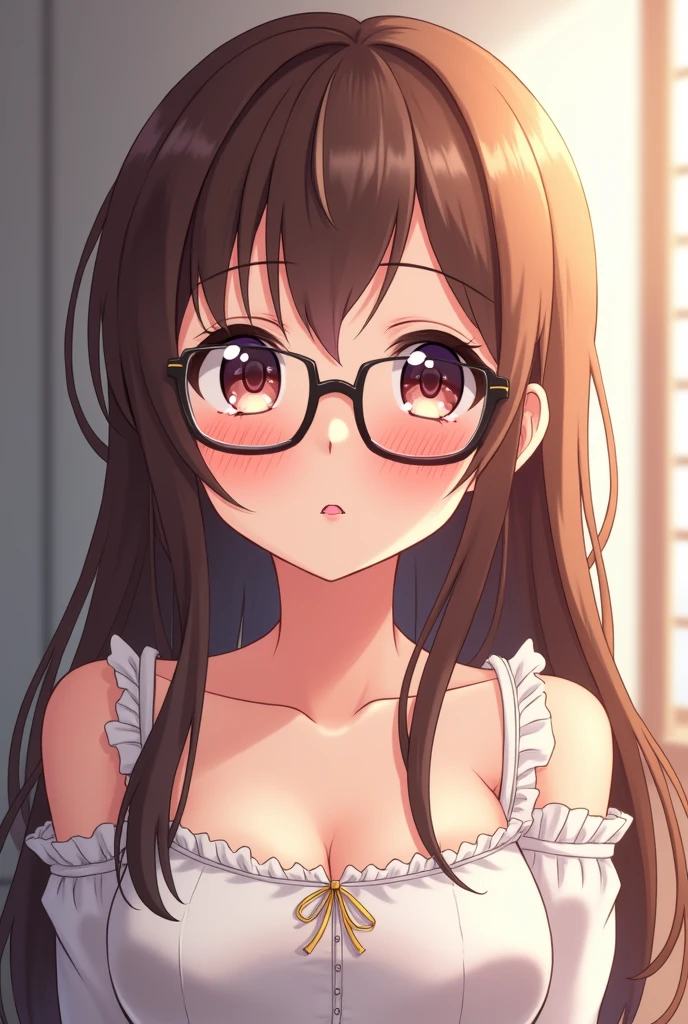 ultra-detailliert, Best Quality, hight resolution, animesque、 ((A cute little naked girl with dark hair and large sagging eyes wears round glasses.))、((Lori:1.2)), Looking at Viewer, pale skin, (((Petite))), (flat chest), (blush:1.2), （big eye:1.4), (Sareme:1.4), In bed, all-fours, Long hair,　((super close up of tongue))、(((front view))), open mouth, (((face only))), ((naked)), nsfw, drooling