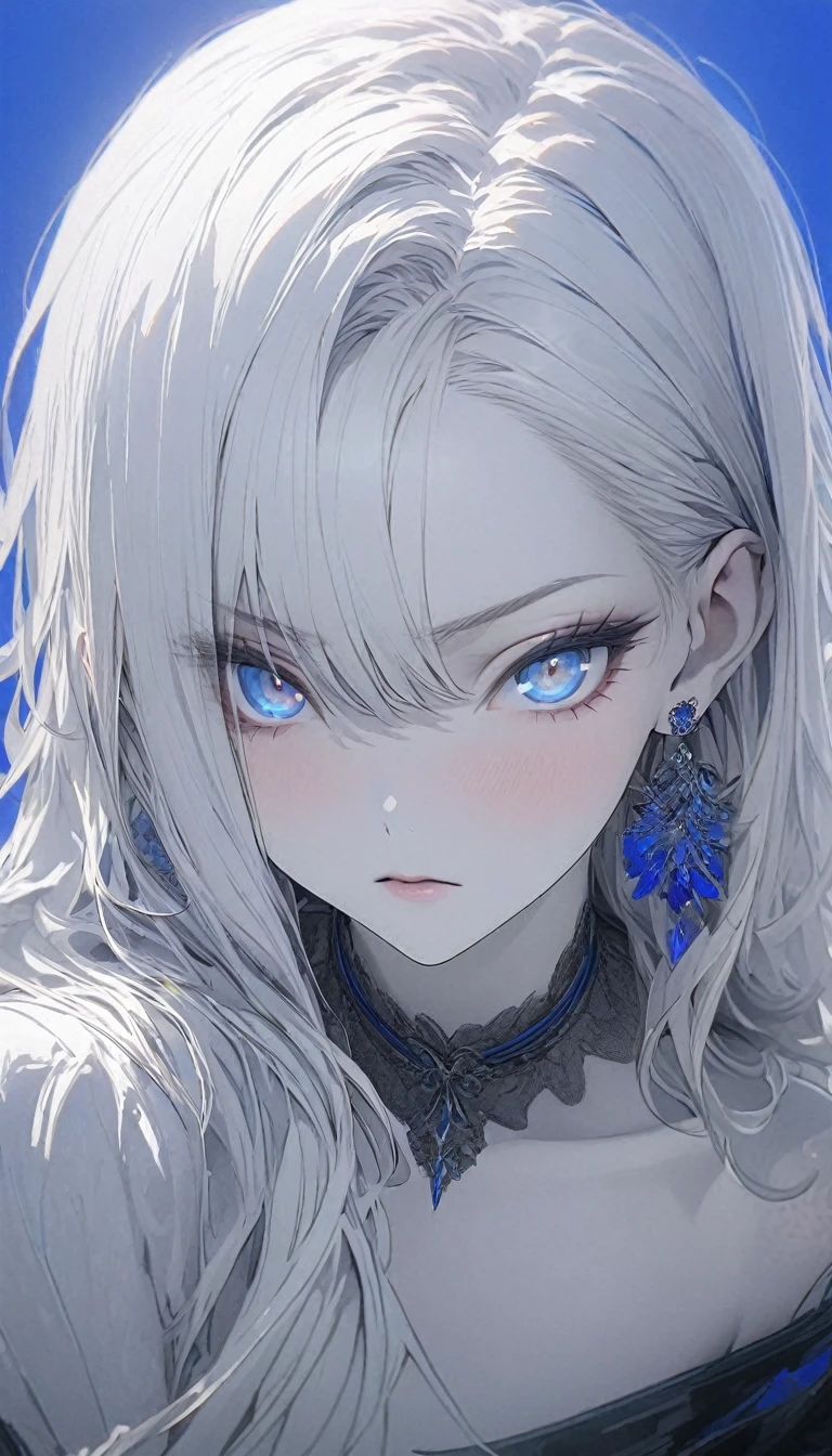 masterpiece, best quality, incredibly detailed, absurd, 8K, feminine, smart, standing, looking at viewer, white hair, pale skin, slim, off-the-shoulder top, leggings, 20s, anime, simple line drawing, close-up intense top, head-on, serious look, detailed long hair, half up, (monochrome), (selective blue color shift), blue eyes, blue earrings, blue hair band, blue background