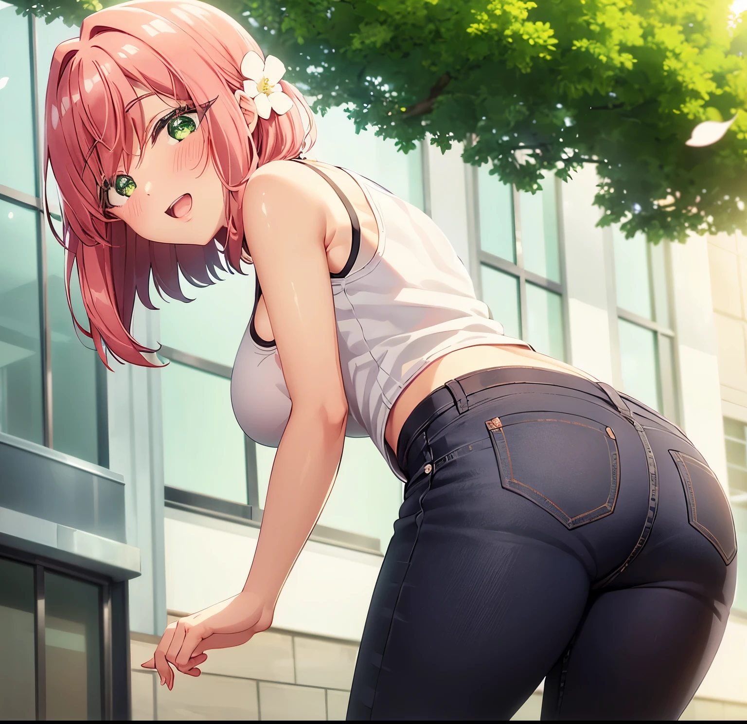 1 girl, alone, hanazono hakari, masterpiece, best quality, 1 girl, Hikari, short hair, pink hair, green eyes, (hair flower: 1.1), hair ornament, (tank shirt:1.2), Shirt .white, cleavage, blue jeans, skinny jeans, white sneakers, standing, smile, blushing, blushing nose, open mouth, standing, leaning forward, street, city, rays of light (falling leaves, falling petals), hands perfect, perfect anatomy, from behind, looking at the viewer, from the front, point of view (from below), large breasts, medium waist, wide hips, medium thighs, round butt,