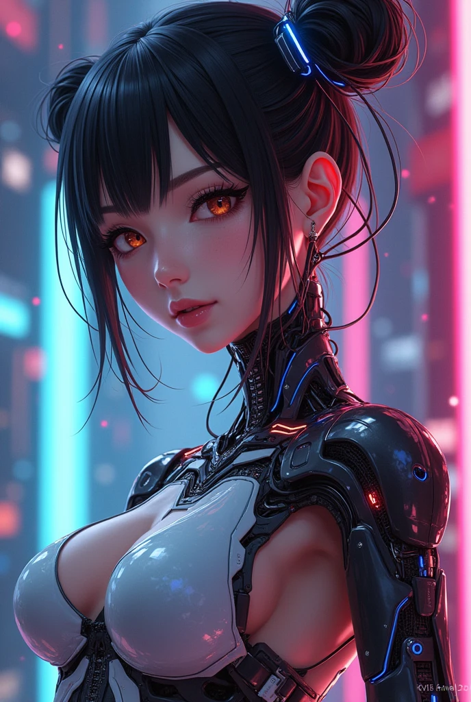 (masterpiece: 1.3), (8K, Photorealistic, Raw Photo, Best Quality: 1.4), (score_9, score_8_up; anime; idol_face; deep_color; cinematic_lighting; 32k); loveholic, 1girl, futuristic urban setting at night, wearing a form-fitting jumpsuit with glowing circuit