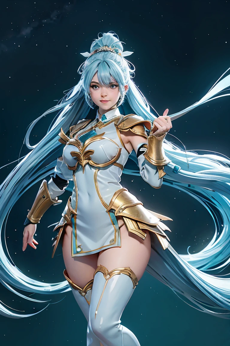 Create a 16k resolution image, Unreal Engine 5, Disney style, Super Metroid style, Mega Man-X style, with very detailed eyes, very detailed face, very detailed, full body photo of a woman doing hybrid cosplay of Mega Man-X/Samus Aran/Seiya of Pegasus with Sagittarius armor, short blue hair, wearing helmet, extremely detailed eyes, futuristic weapons, background: Futuristic city being destroyed, looking at the viewer with facial expression of total hatred