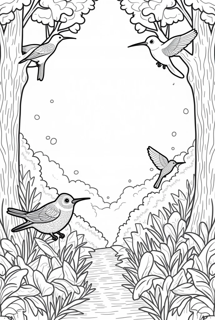 Forest with birds coloring pages in black and white for kids