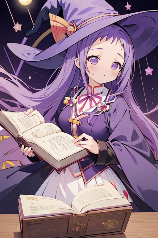 (((Mahou Sensei Negima, Yui Ayase, mechanical wand, magic book, costume, droopy eyes, purple hair, witch hat)))