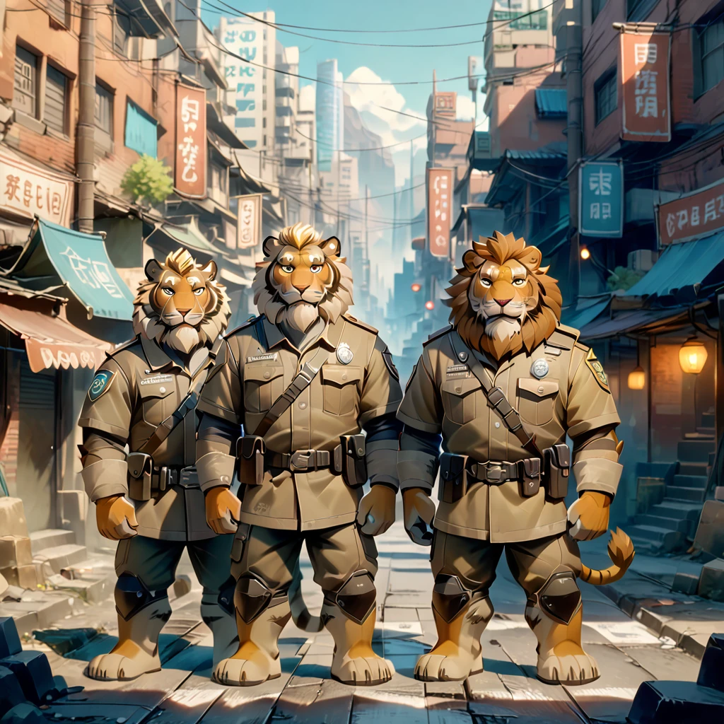 full body, (patrol), ((plump middle-aged tiger man)), and, (plump middle-aged lion man), light smile, standing, (brown eyes), beautiful beard, (male face), (big face:0.6), square jawline, (Male Eyes:1.2), (sharp eyes:0.8), (big eyes:0.5), male eyebrows, (innocent look:0.5), fluffy body, BREAK city, highly detailed,