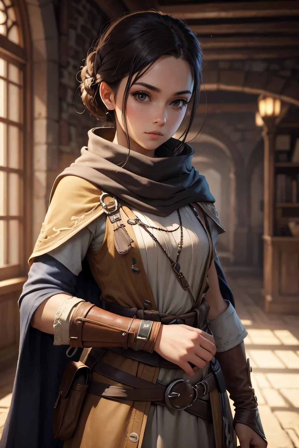 (skindentation:1.5), realistic, photorealistic, (masterpiece:1.5), concept art, intricate details, highly detailed, octane render, 8k, unreal engine, dynamic pose, best quality, highres, ((dramatic)), epic, depth of field, 8k, particles, (realistic face:1.1, hyperrealistic:1.1), ((1girl, close-up, large breasts, perfect eyes, detailed eyes, high quality eyes, perfect_face, high quality face, shiny skin:1.2, shiny face:1.2, embarrassed, blush:0.8)), server, rustic tavern interior in background, pitcher, sign, jovial fantasy atmosphere, detailed background, blurry wooden bar table as foreground, (((dark hair, dark eyes, perfect hands))), ((thief, rogue, assasin, dagger, short sword, picking locks, leather cloth, padded cloth, belt, pouch, boots, cloak, hood, rope, poison, amulet, cape))