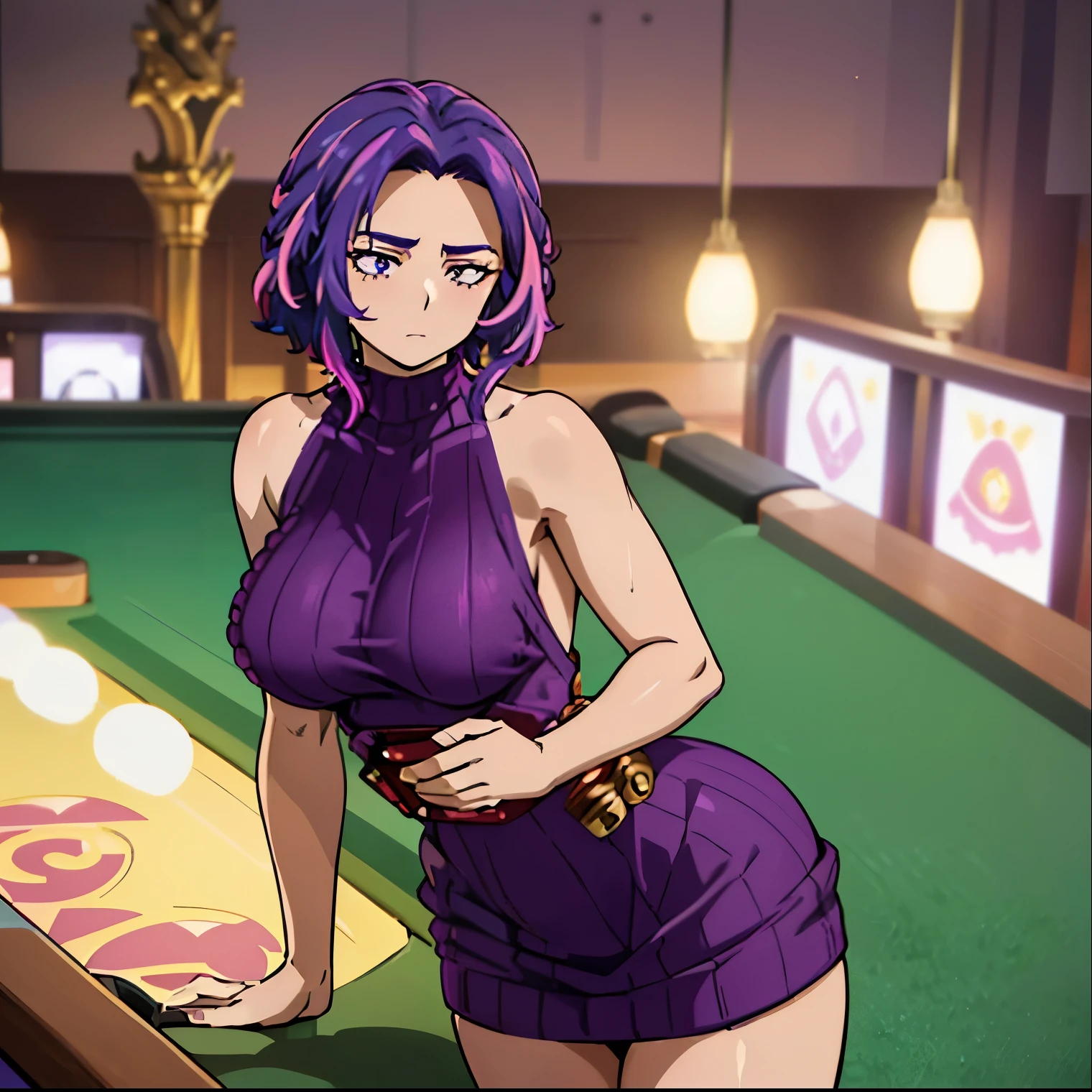 1 girl, alone, lady nagant, (masterpiece, best quality, ultra detailed, beautiful illustration), atmospheric perspective, depth of field, dynamic pose, curvy body, looking at viewer, (beautiful detailed eyes), detailed eyes, ( cowboy shot), sexy body, (indoor, night), 1 girl, neutral expression, mature woman, (huge breasts, medium waist, wide hips, medium thighs, round butt), Nagant, purple hair, purple eyes, multicolored hair , short hair, highlighted hair, pink hair, medium hair, two-tone hair,((dark purple sweater dress:1.4)), ((ribbed sweater:1.3)),((backless:1.2)), sleeveless,legs bare, (hands on waist: 1.2)),light blush, (standing_), thighs, bright pupils, white pupils, bangs, looking forward, ((focus on breasts)),pov(from above),( inside a casino: 1.5, leaning on a pool table: 1.5, view of the casino: 1.5, casino lights: 1.5), perfect hands, perfect anatomy,