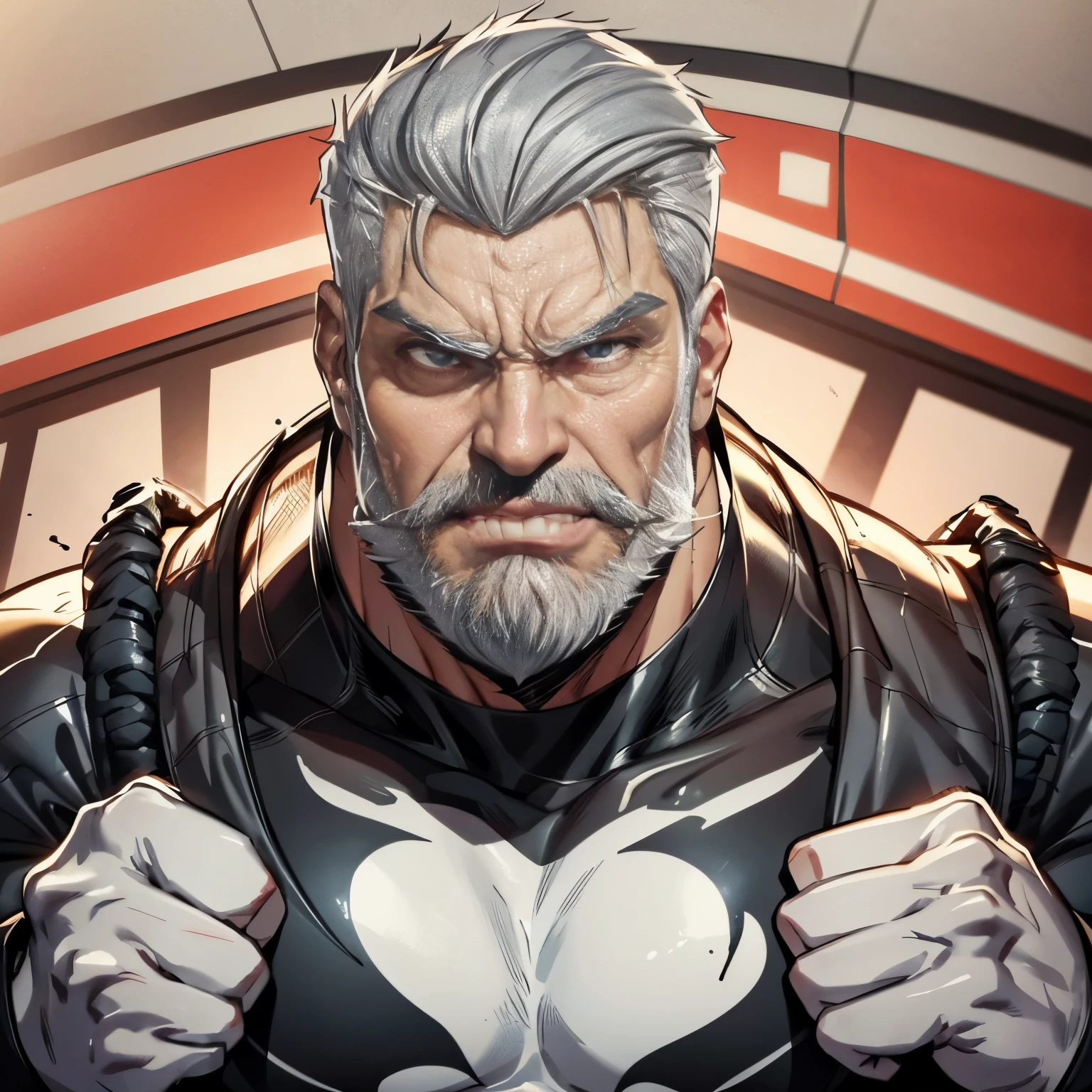 a muscular man, Quiff hairstyle, gray hair, gray mustache, gray beard, venom symbiote, large white spider logo on symbiote, handsome face, detailed eyes, nose and lips, 8k, high quality, photorealistic, dramatic lighting, cinematic