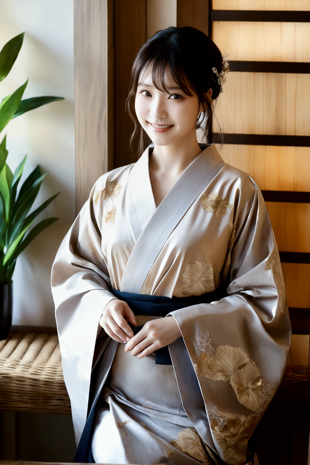 smile、8K quality、Highest quality、Beautiful Eyes、Healthy body shape、Traditional Japanese Beauty、A beautiful woman in a kimono blends in with the modern interior of a cafe。She wears traditional kimonos and modern accessories.、It contrasts with the stylish background of the cafe.。The bright natural light brings out her charm.、A sophisticated scene with a relaxing atmosphere highlighted in 8K resolution。