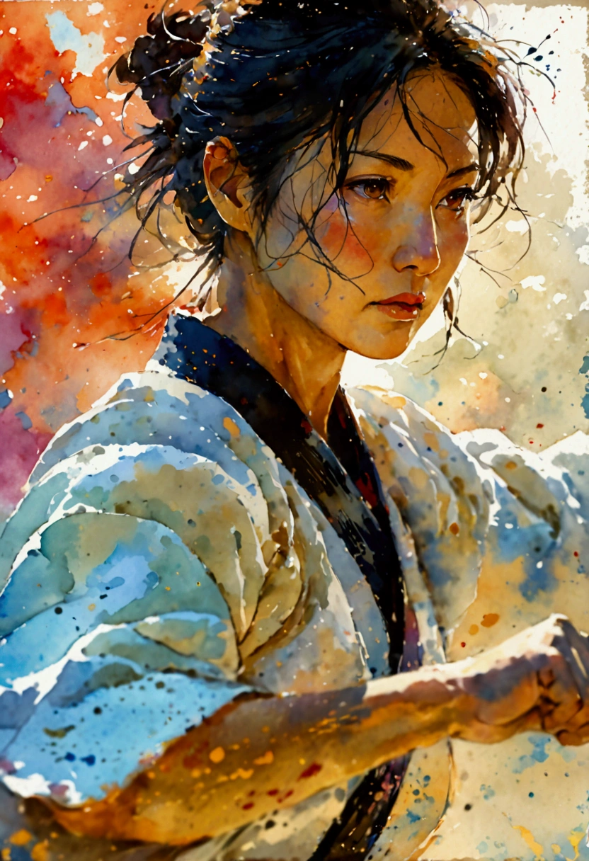 A dynamic angle close-up of a beautiful middle-aged Japanese woman practicing judo. The focus is on her strength and grace in motion. The watercolor style includes strong color bleeding, smooth gradients, strong blurring, and soft edges. The image has a hand-painted feel with flowing colors and layered textures, creating depth and capturing the energy and fluidity of the movement.