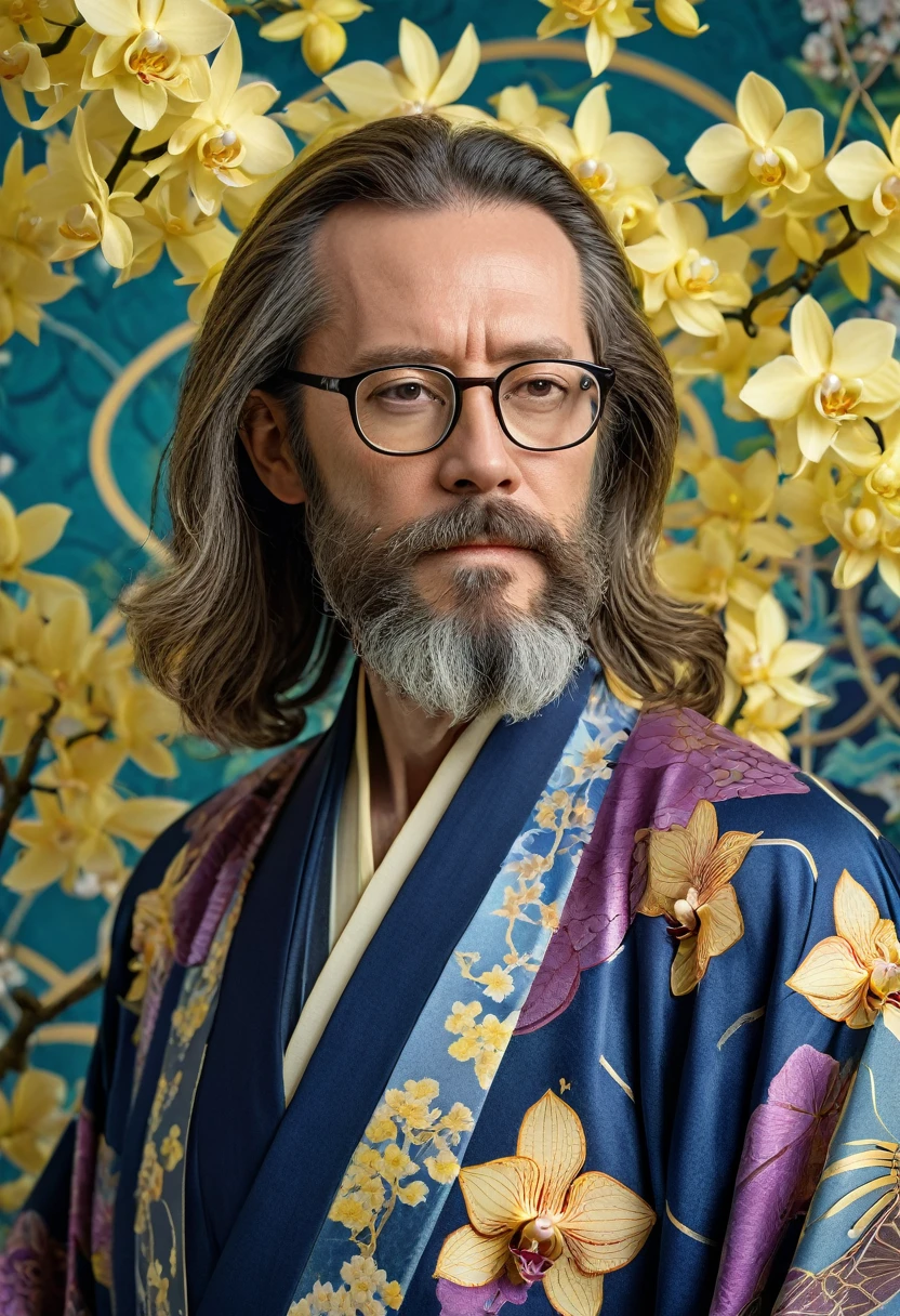 1man, middle-aged, long hair, beard, handsome, wearing glasses, wearing Nouveau-inspired kimono, geometrical nouveau background, orchids and the forsythia flowers, closer distance face, closer distance head, his closer distance pressing against me, hd, high quality, best quality, masterpiece, 8k resolution