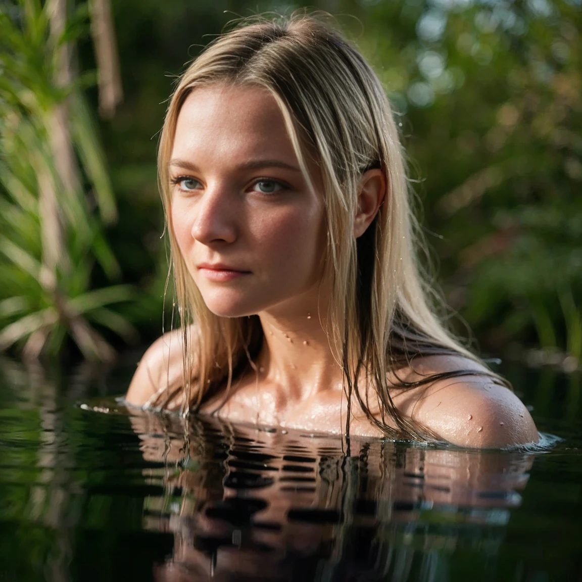 (((realistic:1.2))), Galadriel, close up portrait of a cute woman (Galadriel) bathing in a river, reeds, (backlighting), realistic, masterpiece, highest quality, lens flare, shade, bloom, [[chromatic aberration]], by Jeremy Lipking, by Antonio J. Manzanedo, digital painting, (((looking at viewer:1.2))), (((frontal view:1.2))), (((wet hair:1.2))), (((wet:1.2)))