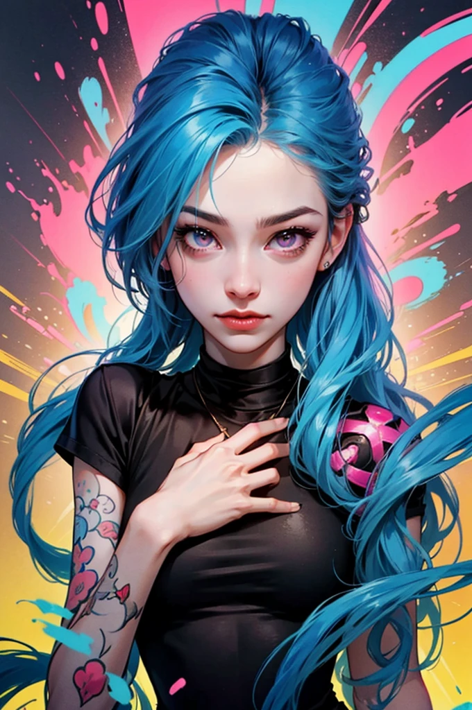 A color poster of a mixture of graffiti and paint on a wall,portrait of a woman,upperbody,minimalist,with dynamic movement and bold colors,mixture,
