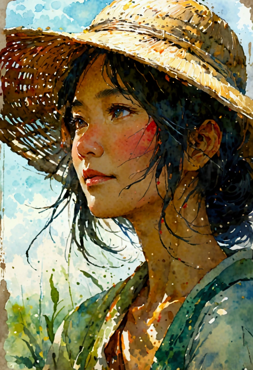 A model-style close-up of a beautiful middle-aged Japanese woman working as a farmer. The focus is on her strength and natural beauty. The watercolor style emphasizes even stronger color bleeding, smooth gradients, intense blurring, and soft edges. The image has a hand-painted feel with flowing colors and layered textures, creating depth and capturing the serene, yet powerful essence of the scene.