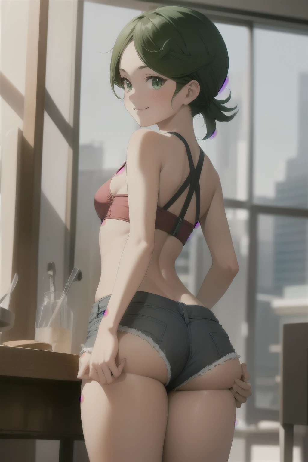 Anime style, 1 girl ,mallow , young girl , childshi  body ,solo , green hair , flat chest ,  smug face smile , blush, sexy micro shorts jeans ,  sticking your ass out