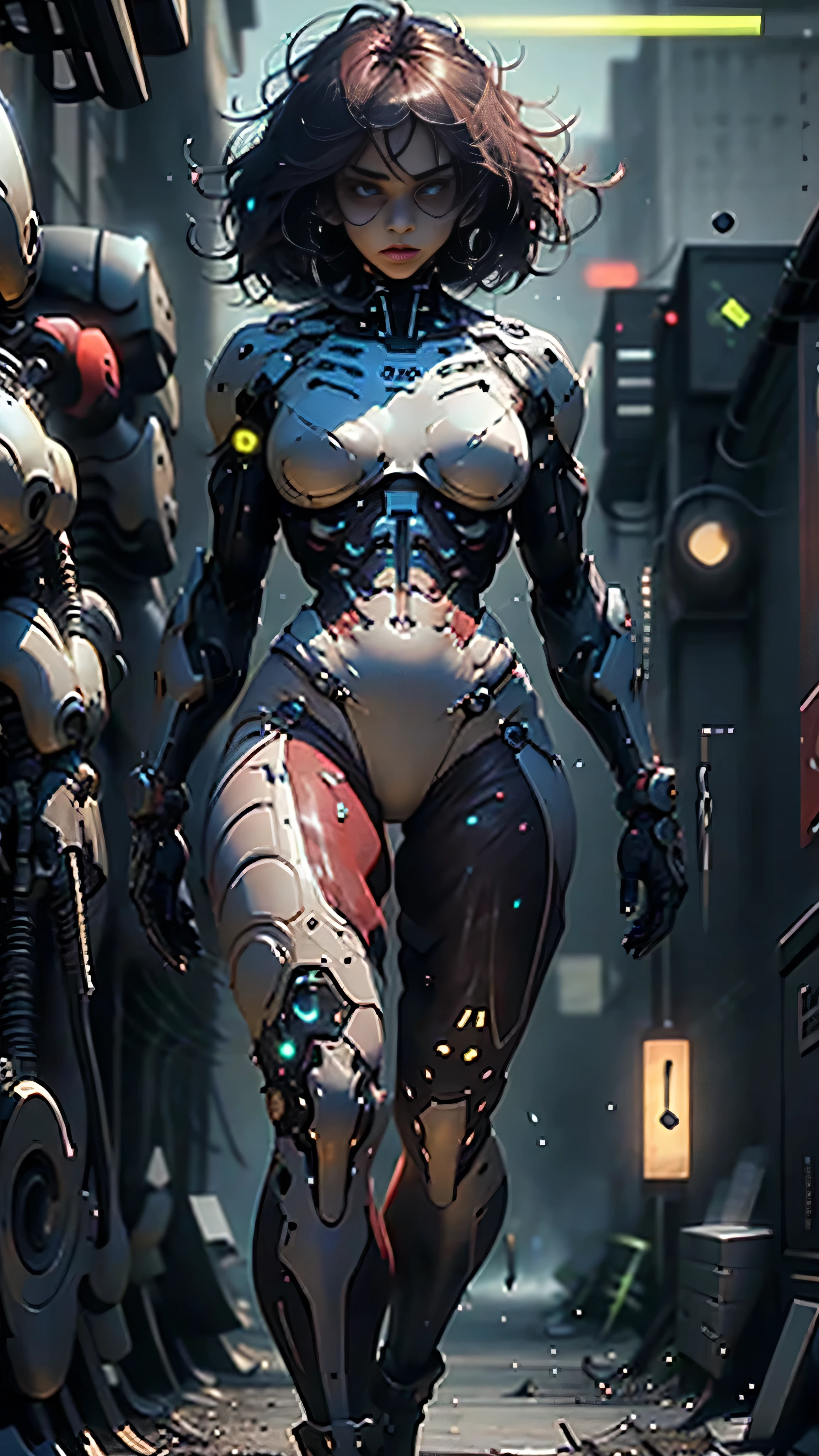 Woman body defined thick thighs cybernetic body parts, short underwear