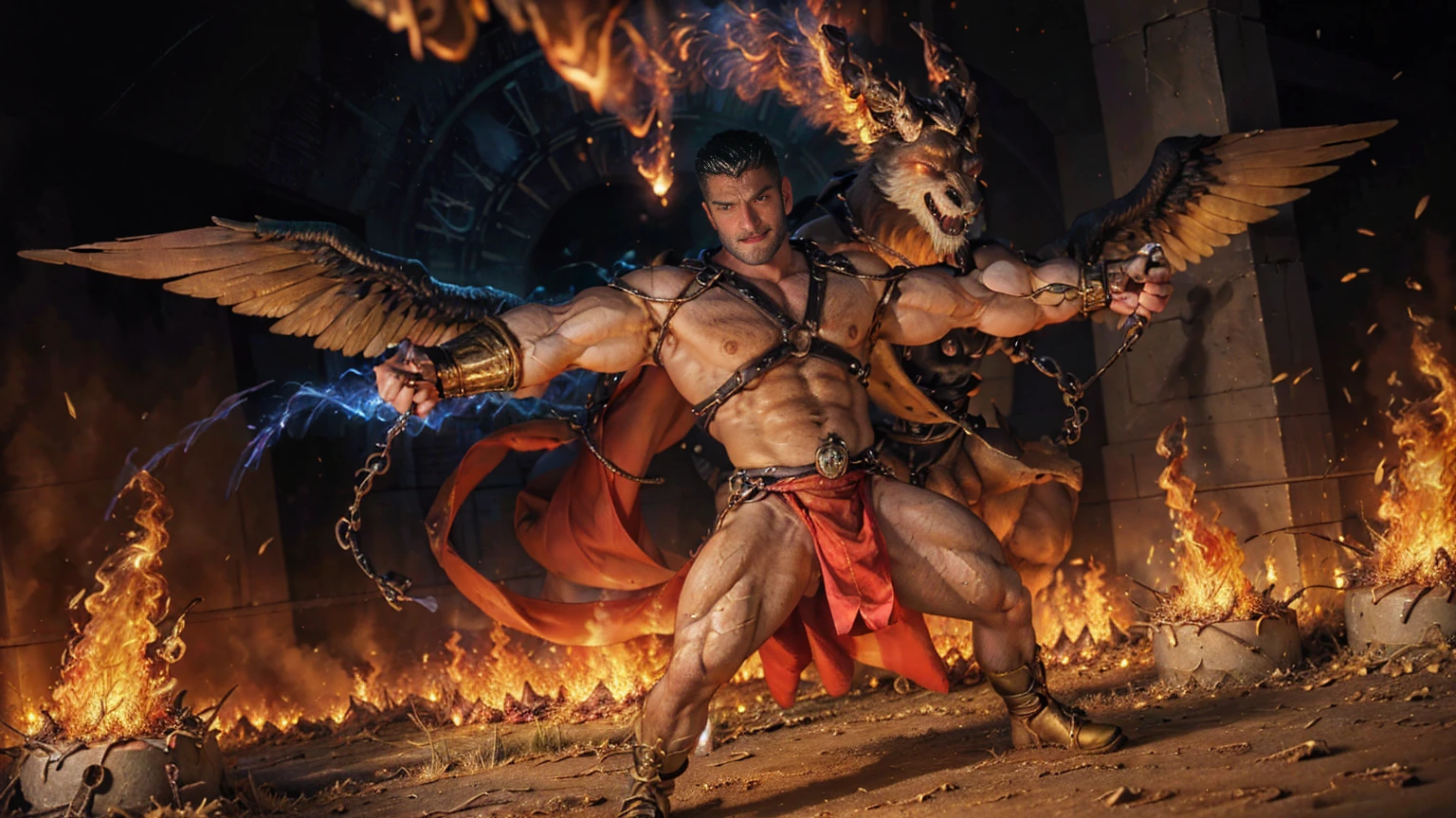 (best quality,4k,8k,highres,masterpiece:1.2),ultra-detailed,(realistic,photorealistic,photo-realistic:1.37),man with phoenix wings on his back,fire surrounding his fist,feathers,captivating expression,flaming wings spread wide,Fiery light,cinematic mood,dramatic angle,heroic stance,mythical creature,sculptural details,radiating power,celestial aura,vibrant color palette,scorching flames,epic fantasy,mythological hero,heroic mythology,combustible energy,luminous heat,dynamic movement,high-contrast lighting,archetypal figure,detailed feather texture,mythical symbolism,fiery trails,embodying strength and grace,vividly glowing embers,powerful presence,extraordinary supernatural ability,astral fire,enduring power and rebirth,fiery spirit,awe-inspiring spectacle