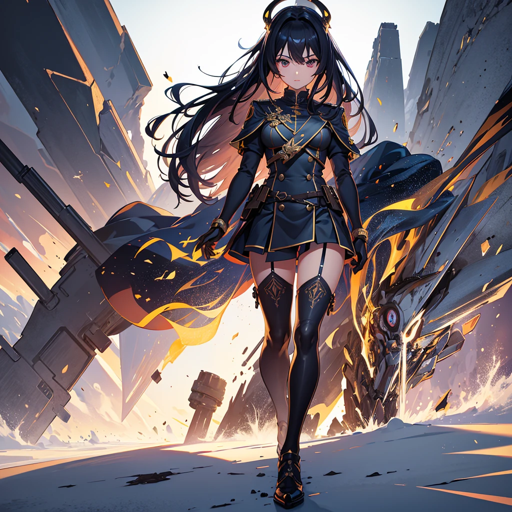Anime, ryoko matoi,flying through the sky with black angel wings, golden leotard armor, In Battle, Chaos, shooting laser beams from hands, masterpiece ,pantyhose, boots,magicagirl body suit, large skirt, smile, long skirt,standing,smile forest,smile