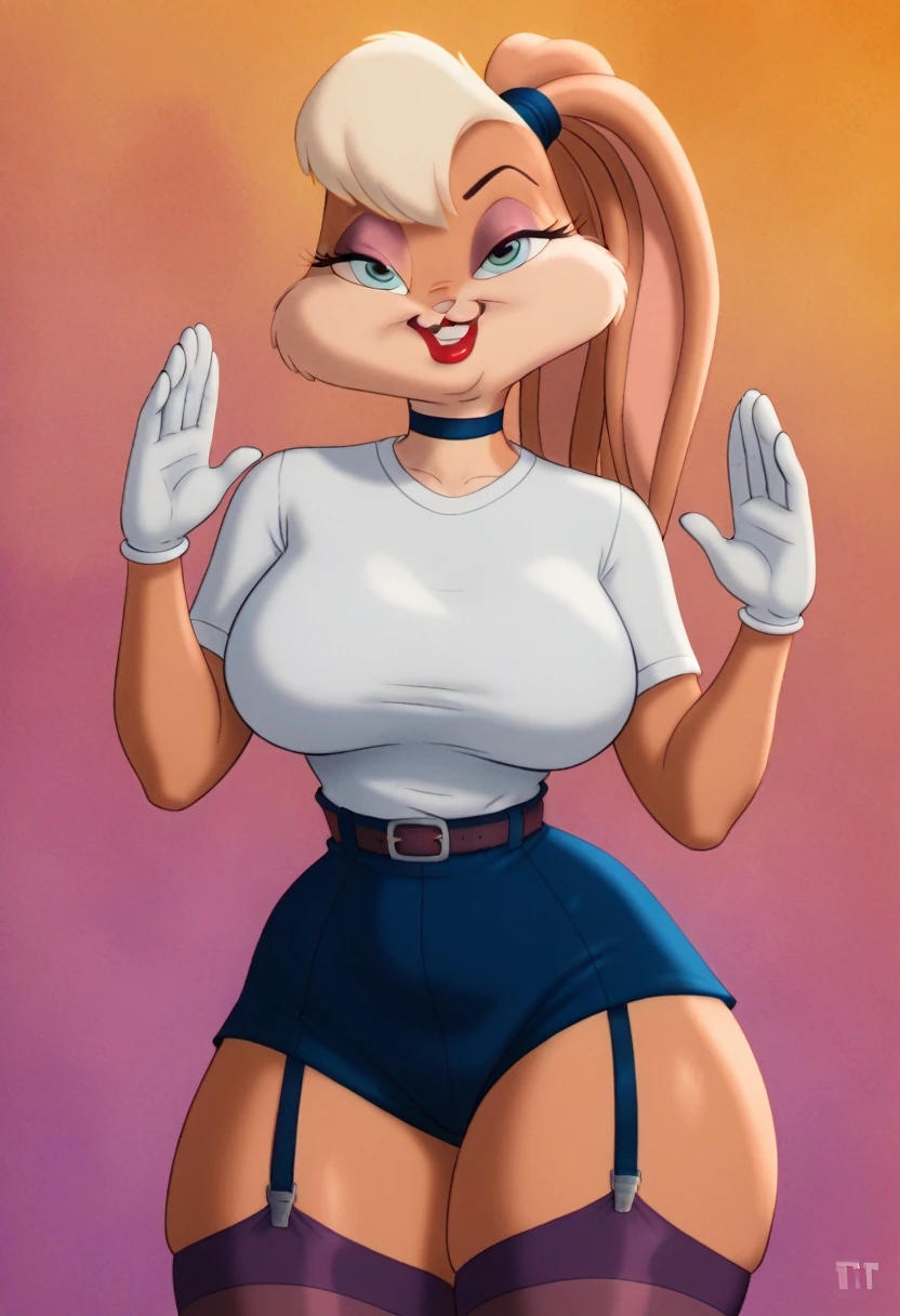 score_9,score_8_up,score_7_up,score_6_up, source_anime, (masterpiece), BREAK, lolabunny, 1girl, solo, furry female, rabbit ears, rabbit girl, animal nose, white gloves, blue eyes, body fur, standing, black shorts, buck teeth, mature woman, (wide hips, wide thighs), make up, happy. thigh gap, nail polish, narrow waist, (abstract background:1.5), abstract background,, dutch angle, sensual pose, high waisted panties, (perfect hands), red lips, (big hips), (white tshirt1.5), (purple thighhighs), (purple fashion thong underwear), suspender belt, choker, provocative, hourglass body, ultra-detailed clothes, best quality, expressive eyes,, solo, thick thighs, smile,((mature woman)), perfect face, eyelashes, (perfect eyes), happy, perfect teeths, nail polish (perfect fingers),(masterpiece:1.2), (best quality:1.2), (very aesthetic:1.2), (detailed background), intricate details, ,Perfect Hands, 