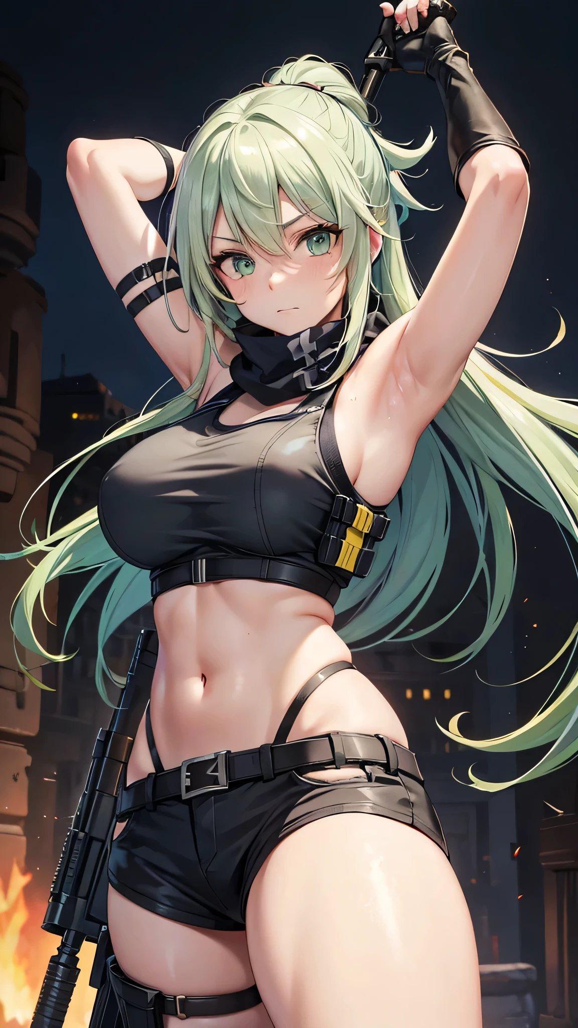 hikage (senran kagura), 1girl, green hair, tattoo, long hair, yellow eyes, large breasts, weapon, earrings, jewelry, holding, blush, lipstick, long hair, crazy eyes ,Hot girl, baddie, staring, glaring, bad attitude, mean girl, dare, angry, hate, crazy, smoking, sensual, attractive, outdoors, rooftop, cityscape, building, railing, night, night sky, scenery, city lights, fur trim, mature female, gloves, fur-trimmed coat ,masterpiece, best quality, highly detailed, a girls with a gun, evil smile , open mouth, sexy gaze, badass
pose , evil smile, smile, (nsfw) not safe for work, guns blazing, anime girl with long hair, beautiful long
haired girl, navel, evil expression, exposed belly, exposed navel, exposed midriff, exposed lower belly,
long black pants, crop top, cleavage, unbuttoned leather pants ,open fly, low rise black leather pants,
leather jacket, holding a gun,