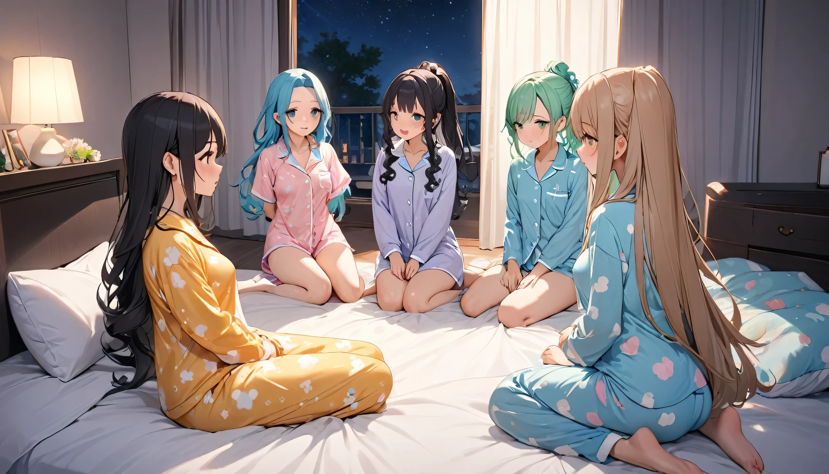 Foursome. Pajamas. Slumber party. One with Green and short hair, Black hair, brown ponytail hair and redhead. Night. Smiling. Dildo. Fourgirls. Teens. Bed. Pink dildo. Kiss. Window. Moon. Green hair. Lamp. 