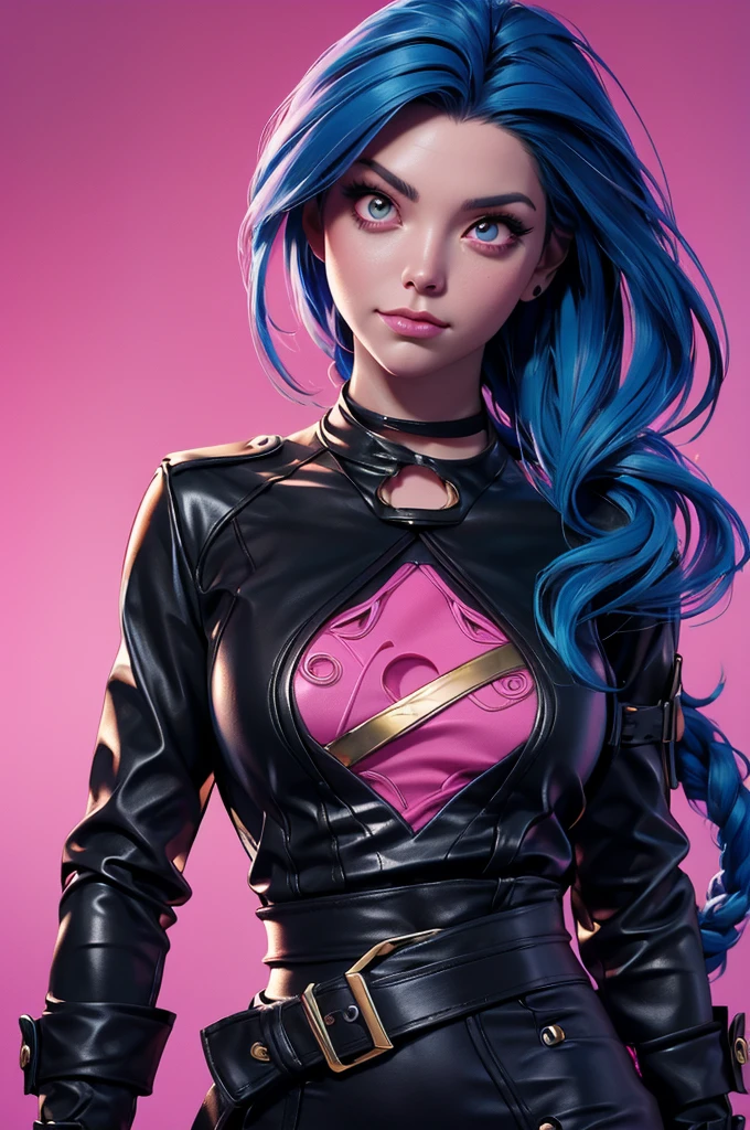 a woman with blue hair and a black shirt is standing in front of a pink background, lois van baarle and rossdraws, portrait of jinx from arcane, artgerm and lois van baarle, rossdraws 2. 0, rossdraws 1. 0, rossdraws 2. 5, artgerm and rossdraws, artgerm comic, 8K image quality, Masterpiece black background with pink brush splash, 8K image quality, Masterpiece