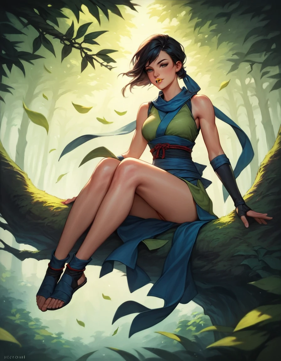 masterpiece, best quality, highres, toph beifong, ((AVATAR), 1girl, solo, black hair, hair band, belt, short hair, dress, totally white eyes, hair bun, green hair band, blind, chinese clothes, hair bun, green dress, short sleeves, pelvic curtain, bare feet, fighting posture, rock, outdoor, perfect, beautiful. panties torn, damaged, shiny skin,  moistened, V5.
