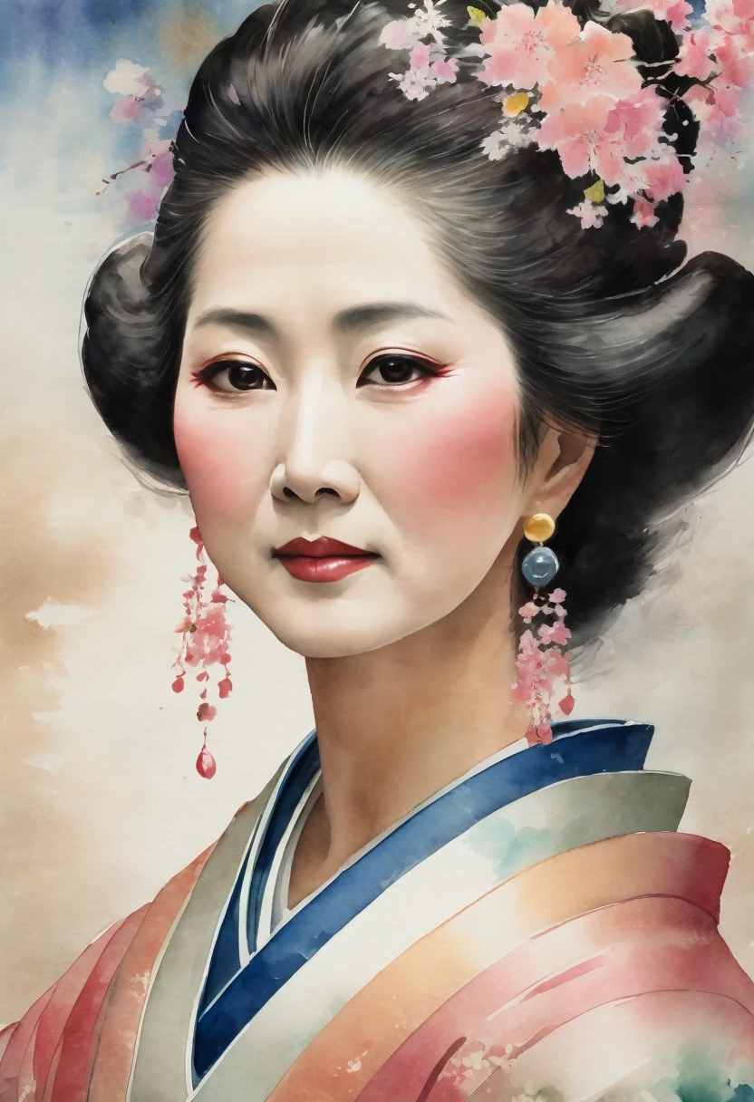 A close-up of a beautiful middle-aged Japanese woman dressed as a princess from the Edo period. The focus is on her face, capturing her elegance and grace. The watercolor style features no white, emphasizing transparency, color bleeding, smooth gradients, soft blurring, and soft edges. The painting has a hand-painted feel, with flowing colors and layered textures creating depth and a serene, delicate atmosphere.
