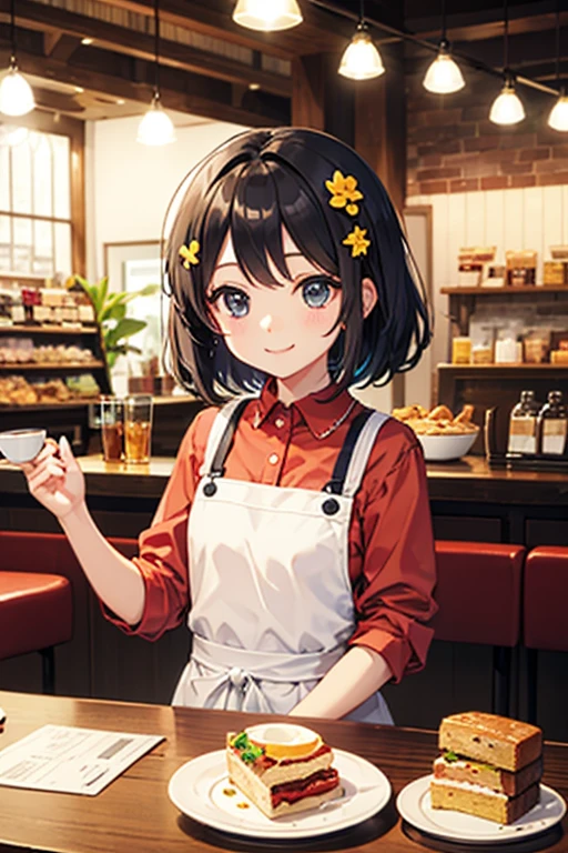 Highest quality、whole、Black Hair、Iris、short hair、Girl、cute、、Petite、Small hair ornament、1 person、Cafe staff、smile、