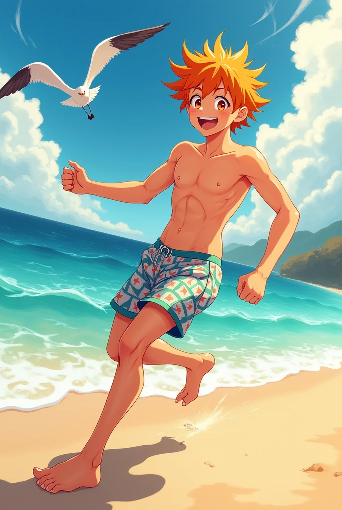 one guy, a beautiful 30 year old man, he is a giant, his skin is tropical orange Latin, his hair is the color of fire with a bowl cut, smooth body, he has one arm extended holding the sun, he is naked, we can see a sunny sky, he is giant and is above the Amazon forest.