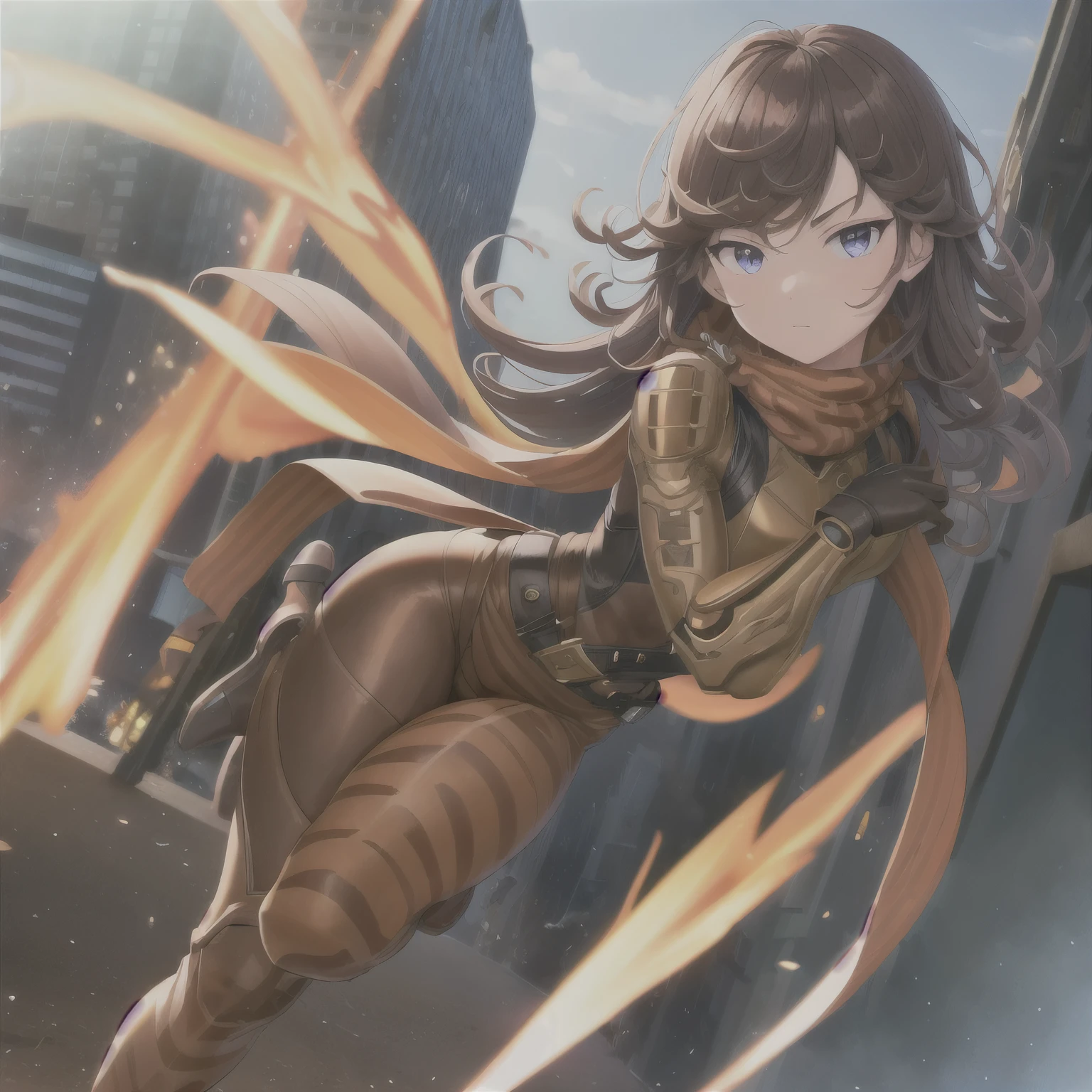 Masterpiece, Best Quality, Ultra Detailed, Illustration, Epic Lighting, Cinematic Composition, 1 Girl, Full Body, 20s, Young Adult, Purple Eyes, Brown Vintage Aviator Helmet, Spiked Helmet, Big Goggles, Long Blue Scarf, Wavy Brown Hair With A Tuft, Brown Collar, Rather Short, Very Thin, Spikes On Forearms, Brown Details, Big Brown Leather Gloves, Brown Wrist Guards, Brown Nanotech Suit, Light Armor, White Chest With An Emblem, High Shoulder Pads, Brown Suit With Orange Stripes, Orange Tiger Stripes, Triangular Emblem On Chest, Very Small Breasts, Blue Emblem, Brown Pants, Brown Knee Pads, Metallic Brown Boots, Metallic Brown Shoes, Black Superhero Belt, Standing On Building, City Background, Looking At Viewer, Anime, Ball Shaped Robot In Background