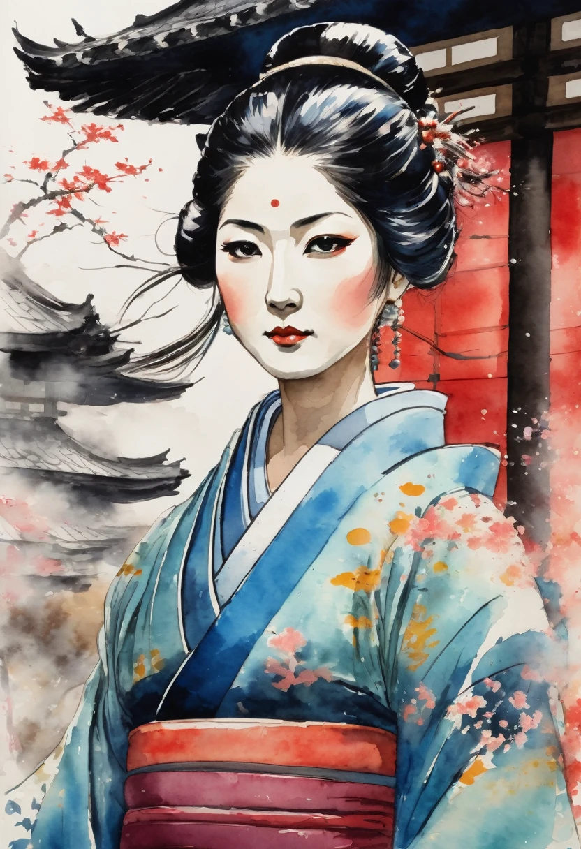 Watercolor style of an Edo period Japanese princess from the upper body, with many ninjas in the background. Her expression is calm and composed, highlighting the contrast between her elegance and the dynamic presence of the ninjas.
