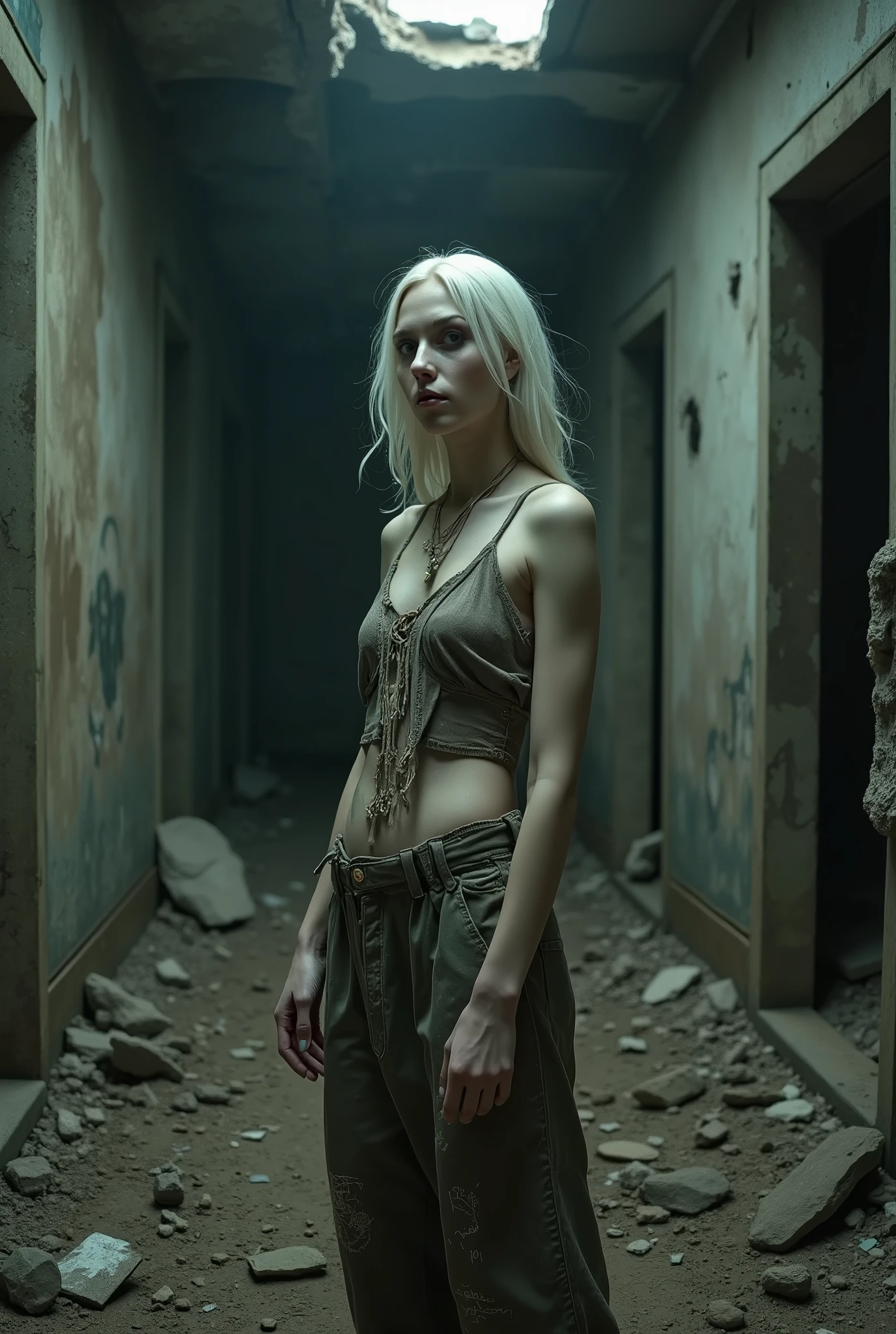 Young woman, post apocalypse, Zombie, ruined city, flame, face in blood, torn T-shirt, without pants, Lace panties, put on panties, Without shorts, scratches, holes in the t-shirt, White hair, black stockings