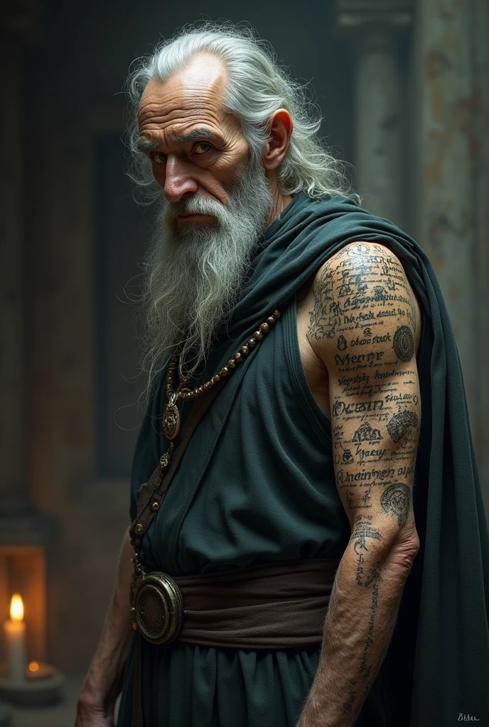 (masterpiece), (extremely intricate:1.3), (realistic), portrait gaunt male, (((starving 50 year old, weak graphite skinned drow elf, rough torn burlap robe [gray hair:green hair:0.7], face tattoos, iridescent seafoam tattoo:1.2, hollow, haunted, sad, (((graphite skin)))))), outdoors, intense sunlight, ((far away burning destroyed apocalyptic medieval village, professional photograph, dynamic pose)), sharp focus, dramatic, award winning, cinematic lighting, sunset volumetrics dtx, (film grain, blurry background, bokeh, depth of field, interaction), 8K