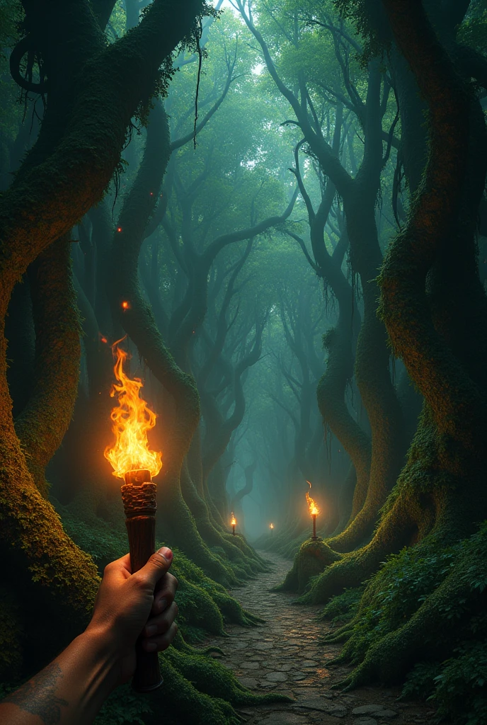 Twisted trees, mystical fog, the person brewing potions, detailed magical artifacts, realistic cauldron steam, high-quality eerie vibes. (NSFW)