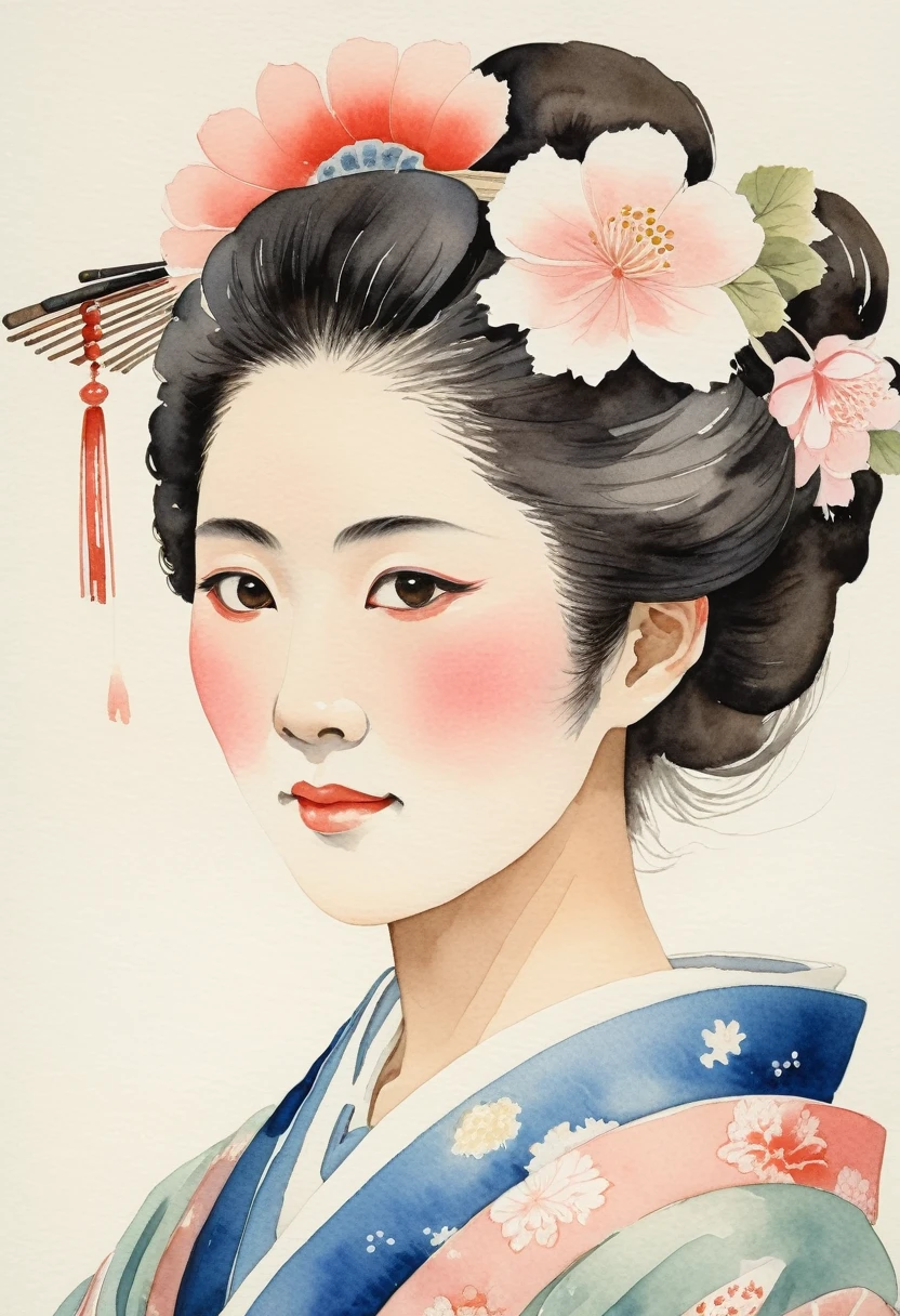 A close-up of a beautiful middle-aged Japanese woman dressed as a princess from the Edo period. The focus is on her face, capturing her elegance and grace. The watercolor style features no white, emphasizing transparency, color bleeding, smooth gradients, soft blurring, and soft edges. The painting has a hand-painted feel, with flowing colors and layered textures creating depth and a serene, delicate atmosphere.3)