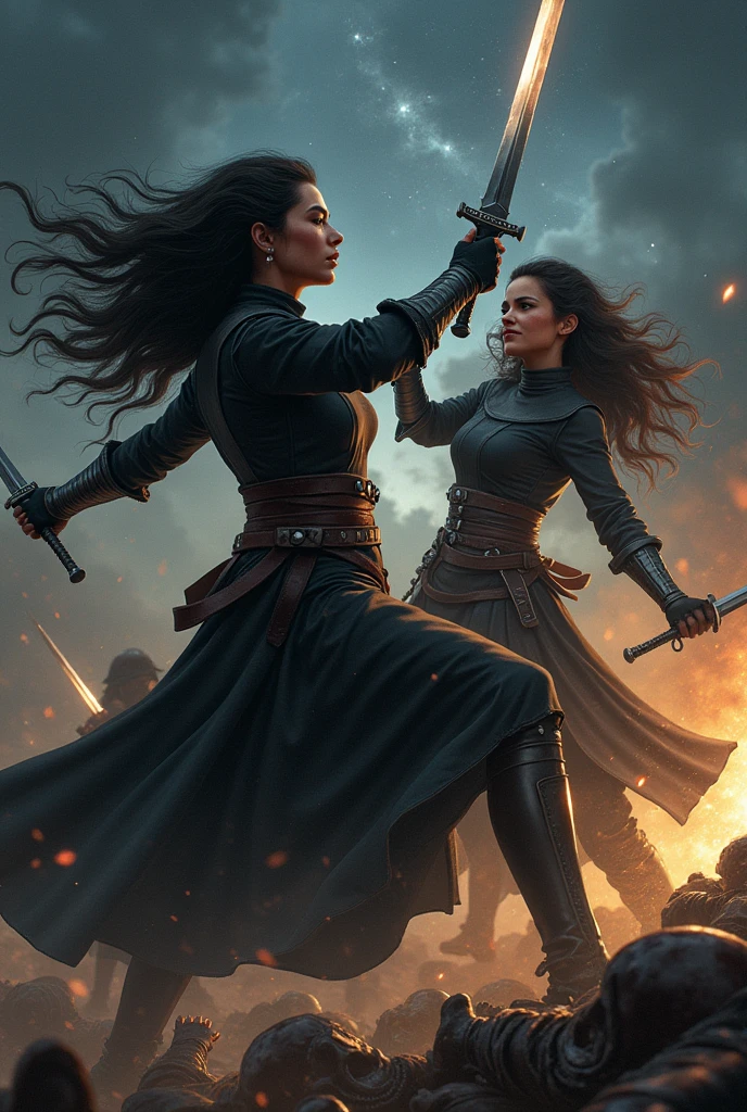 highly detailed black metal armor with embossed gold pattern, amber gems, rich, filigree, elite, radiance, glare, sparkle, (leather glove:1.3), (saber:1.3), modelshoot style, sword fight of a beautiful dark warrior girl, beautiful highly detailed face, serious face, realistic, cinematic artgerm and greg rutkowski and alphonse mucha, 8 k, (hdr:1.4), photorealistic painting art by midjourney and greg rutkowski, warm pastel colors, (oil painting:1.3), pastel, masterpiece detailed, hyperrealism, trending on artstation,