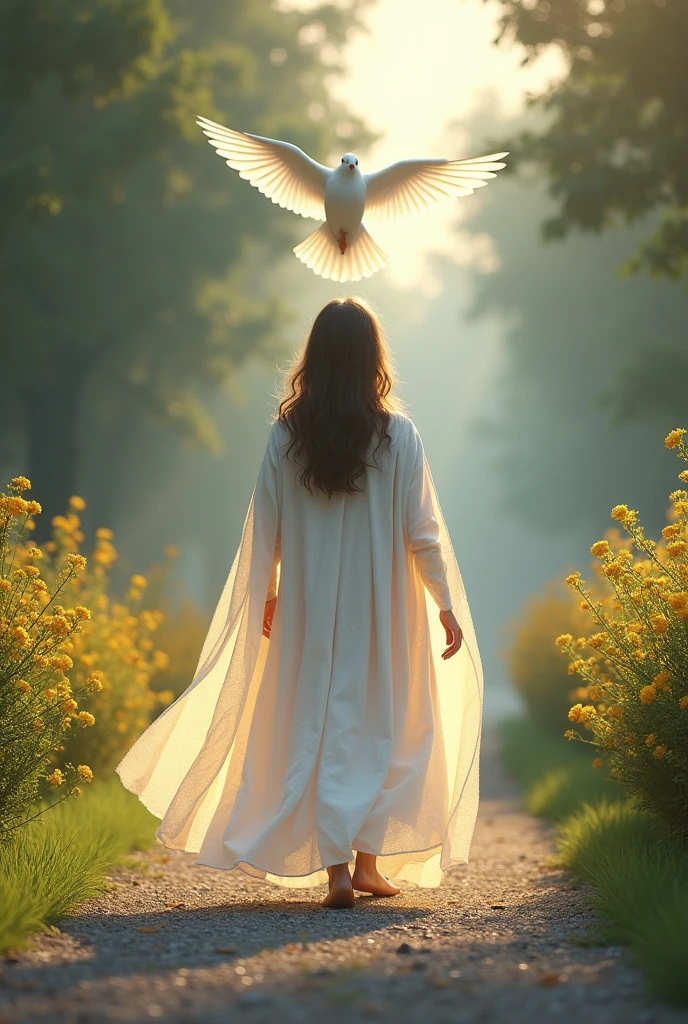 A brown hair curvy middle age woman walking towards the light on a ...