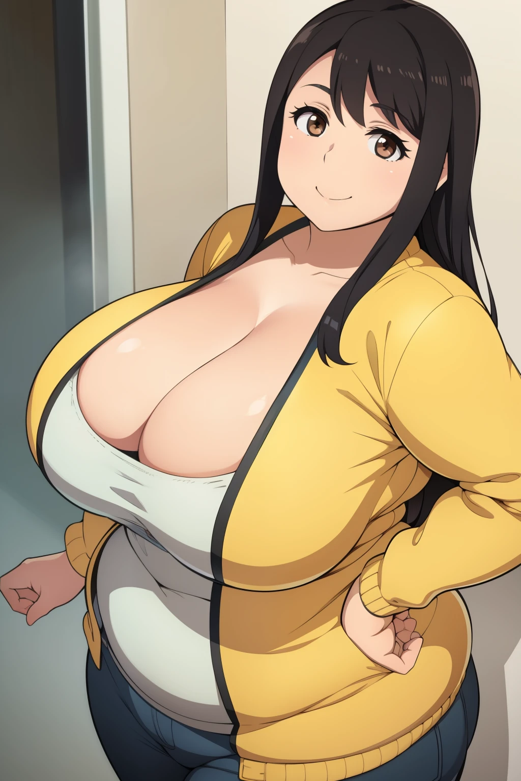 Plump year 21 big breasts black hair brown eyes chubby smile longer hair yellow jacket