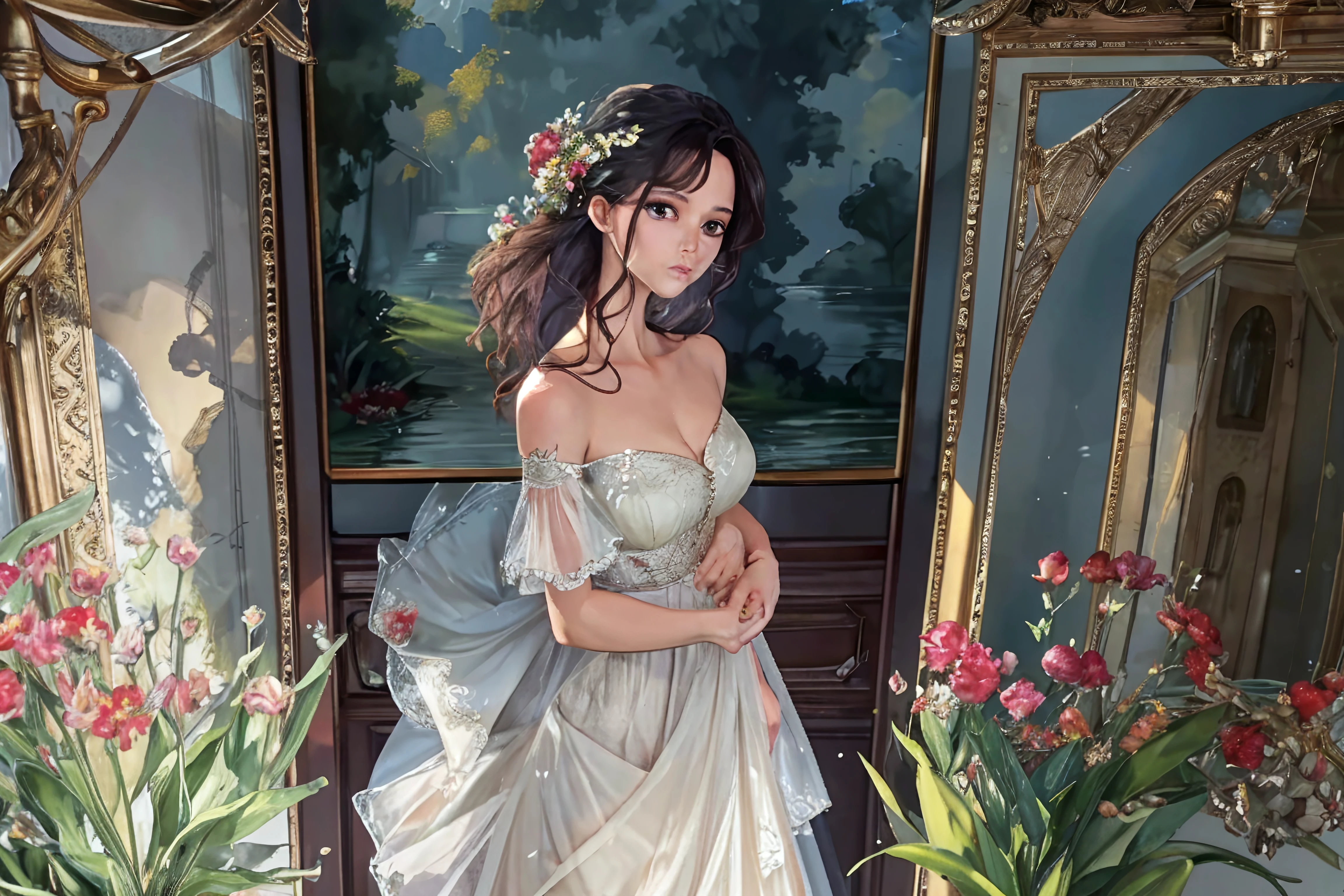 nsfw, ((1girl)), ((masterpiece)), realistic, ((highly detailed:1.3)), princess bathing in a marble tub, ((long brown hair)), wet hair, wearing a sheer bathrobe,  bathing, ivorygoldai, royal palace bathroom setting, steam, ornate marble tub, (rose petals floating in water:1.3), early morning light, windows, crepuscular lighting, dynamic pose, dynamic angle,