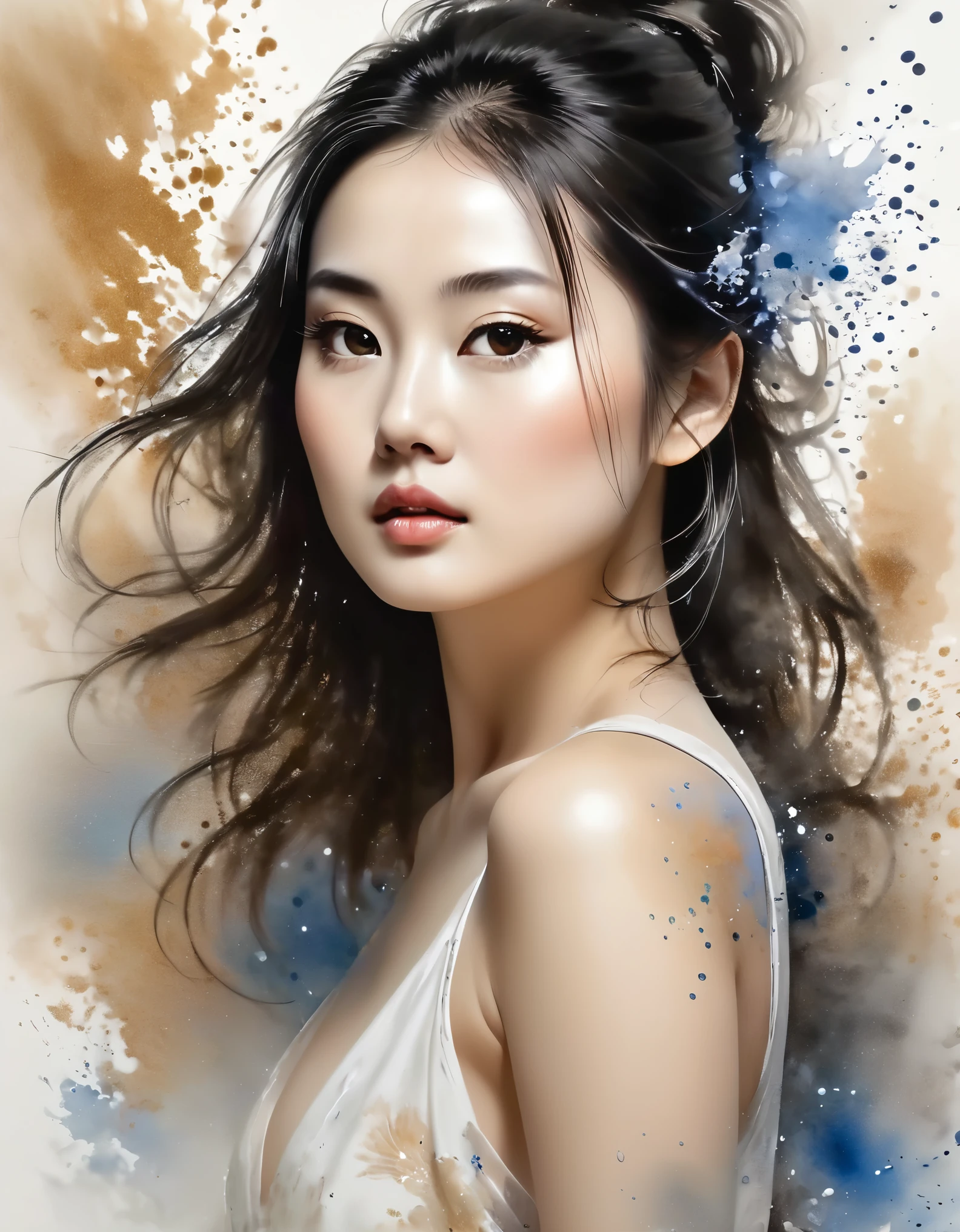 Chinese painting, ethereal beauty, paint wash painting, ink spatter,Gongbi,delicate brushwork,Zen Simplicity, high qualiy, work of art, ultra-high resolution, amazing composition, extremely detaild, a girl, beautiful  face, perfect female body, Gradient, Contour Light, light particles