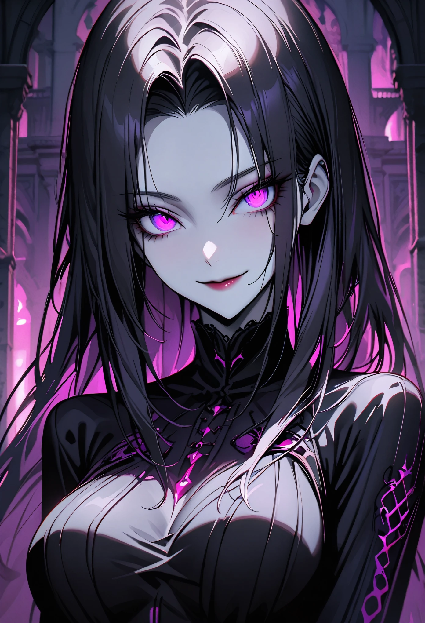 solo, female, pose, violet eyes, long straight raven hair, very pale skin, buxom, slim, confident, hypnotic eyes, simple black clothes, black aura, close up, palace, darkness aura, very large breasts, intelligent, charming smile, wreathed in shadows, friendly