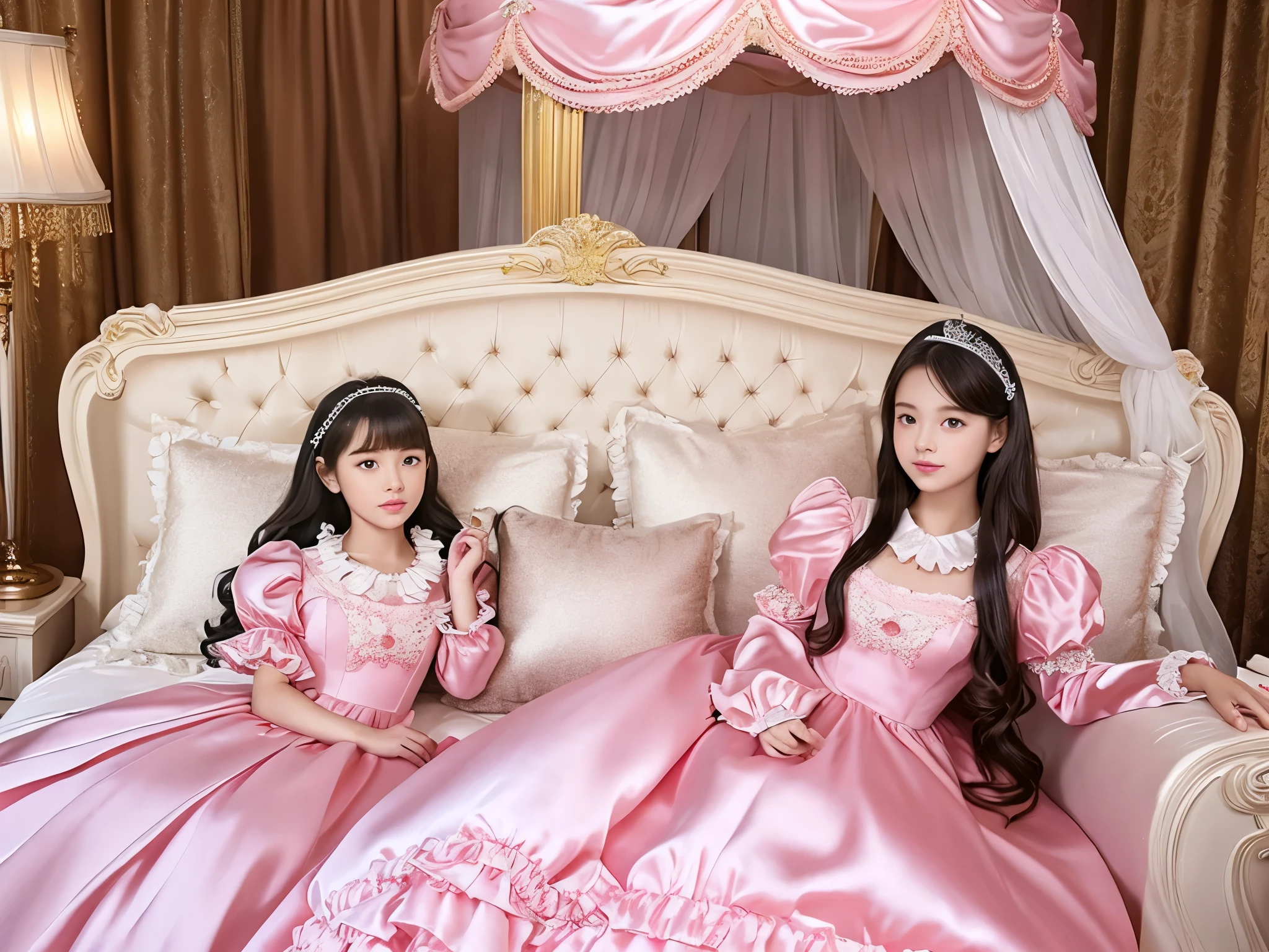 ,highest quality, masterpiece, highest resolution, artwork, super それにget used to it, many get used to it, get used to it, それにget used to it, 3K realistic photos,,((10 years old女の子)),Super detailed baby face,the two girls are princesses,Full length ball gown dress with hoop skirt,ruffled yoke collar,puff sleeves,long sleeve,((Lolita style hot pink detailed princess satin dress、Comes with lots of frills and ribbons。)),colorful rococo fashion,shiny satin dress,Soft and smooth fabric,luxury,long blonde hair,blue eyes,white skin european,pajamas,((inside the palace)),,,(( 10 years old)),Super detailed baby face,Full length ball gown dress with hoop skirt,long skirt,ruffled yoke collar,puff sleeves,腰まで伸びるlong blonde hair,blue eyes,white skin european,pajamas,((inside the palace bedroom)),シルクサテンのluxuryなcanopy bedの上,canopy bed,Luxurious curtains on both sides of the bed,many frilly pillows on the bed,super detailed background,Detailed bed,romantic atmosphere,two little princesses on the bed,Two people hugging each other,((((Both legs are hidden in the dress)))),the dress is spread out on the bed,soft silk satin comforter,soft silk satin ruffled pillow,Beautiful girl illustration,detailed beautiful face detailed hair,detailed human eye ,detailed mouth, arm details,fine hands,Detailed pillow,