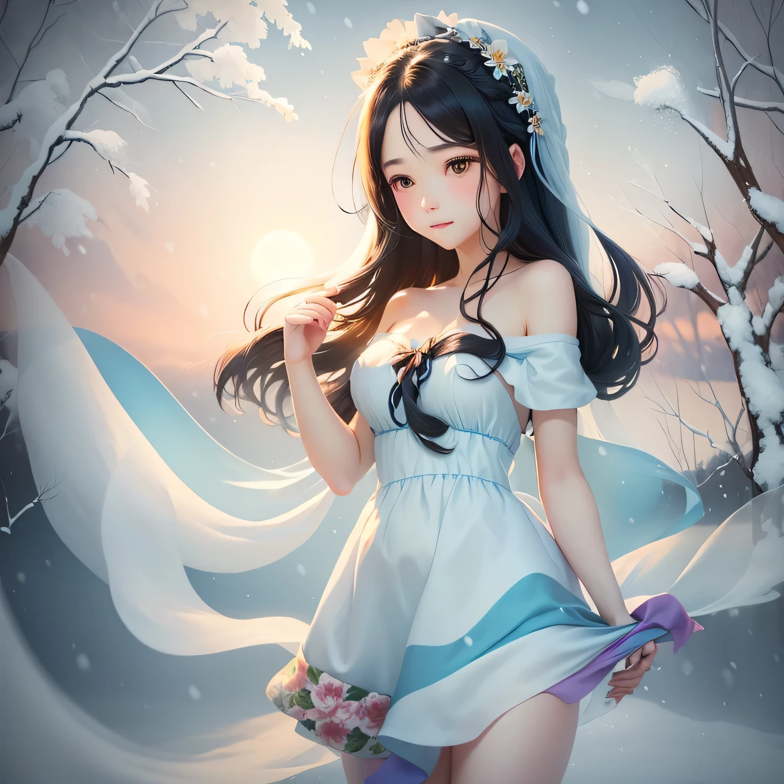 Long flowing black hair, Floral Headband, Light blue off-shoulder dress,Decorated with ribbon details, Relaxed posture, Gently touch the hair, Staring into the distance, Smooth skin, Tranquil winter outdoor scene,Snow covered trees and warm sunset, Soft lighting, Shadow cast on the right, Peaceful and tranquil atmosphere, Front view, Shallow depth of field, Good exposure.