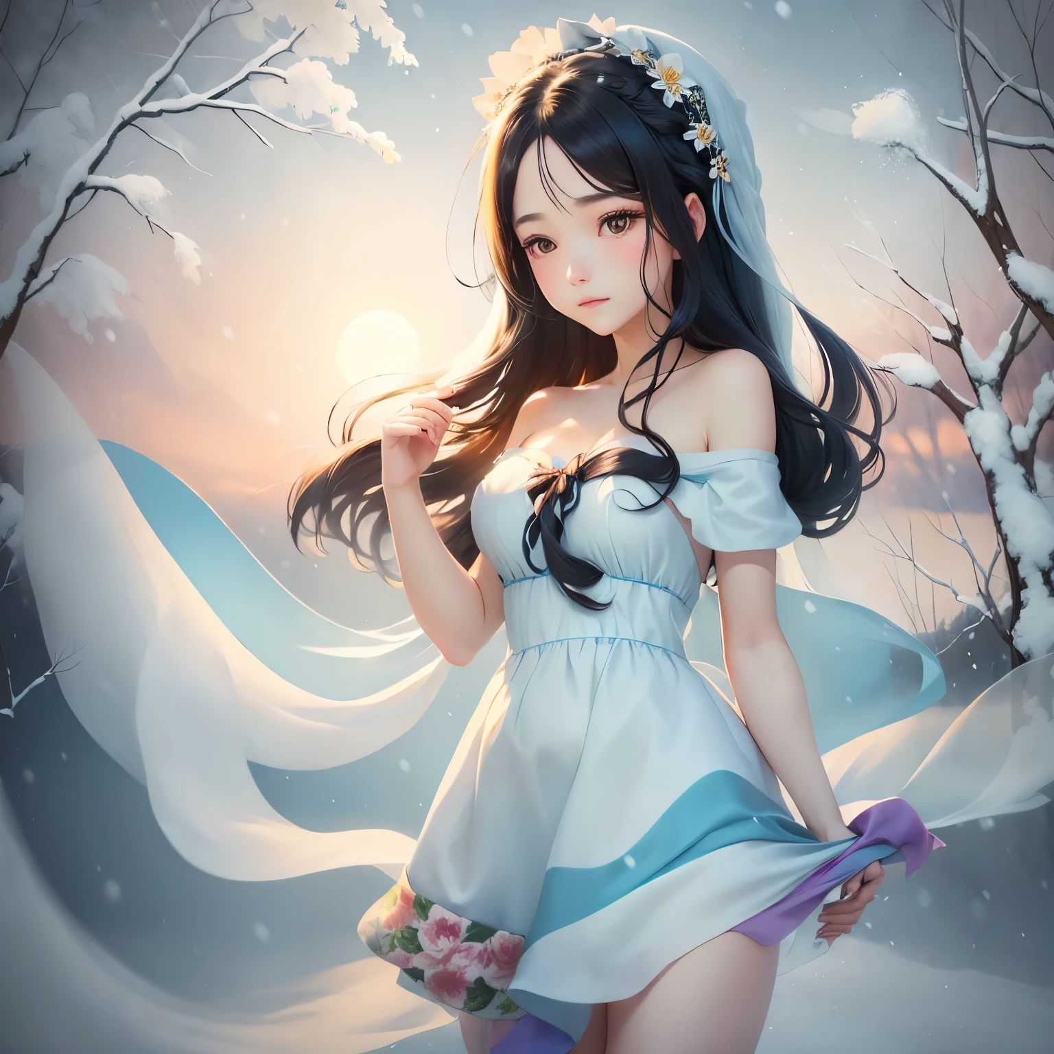 Long flowing black hair, Floral Headband, Light blue off-shoulder dress,Decorated with ribbon details, Relaxed posture, Gently touch the hair, Staring into the distance, Smooth skin, Tranquil winter outdoor scene,Snow covered trees and warm sunset, Soft lighting, Shadow cast on the right, Peaceful and tranquil atmosphere, Front view, Shallow depth of field, Good exposure.