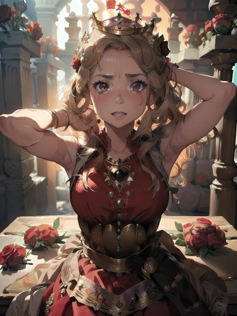 (The highest image quality, master piece:1.2), (Ultra Definition Illustration), (very beautiful matured queen, 45yo:1.3), (captured, in_prison), rpgroyal, (sleeveless gorgeous queen red dress with roses:1.3), (armpits), arms behind head, blond wavy hair, (embarrassed, crying:1.2),