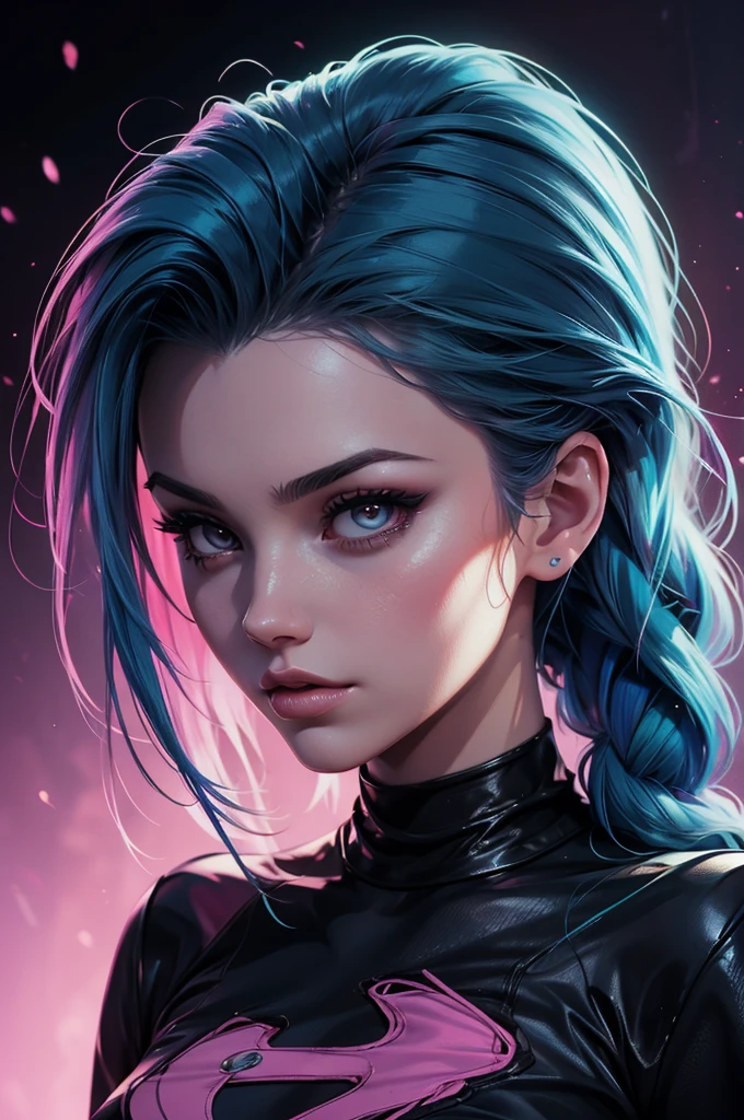 a woman with blue hair and a black shirt is standing in front of a pink background, lois van baarle and rossdraws, portrait of jinx from arcane, artgerm and lois van baarle, rossdraws 2. 0, rossdraws 1. 0, rossdraws 2. 5, artgerm and rossdraws, artgerm comic, 8K image quality, Masterpiece black background with pink brush splash, 8K image quality, Masterpiece